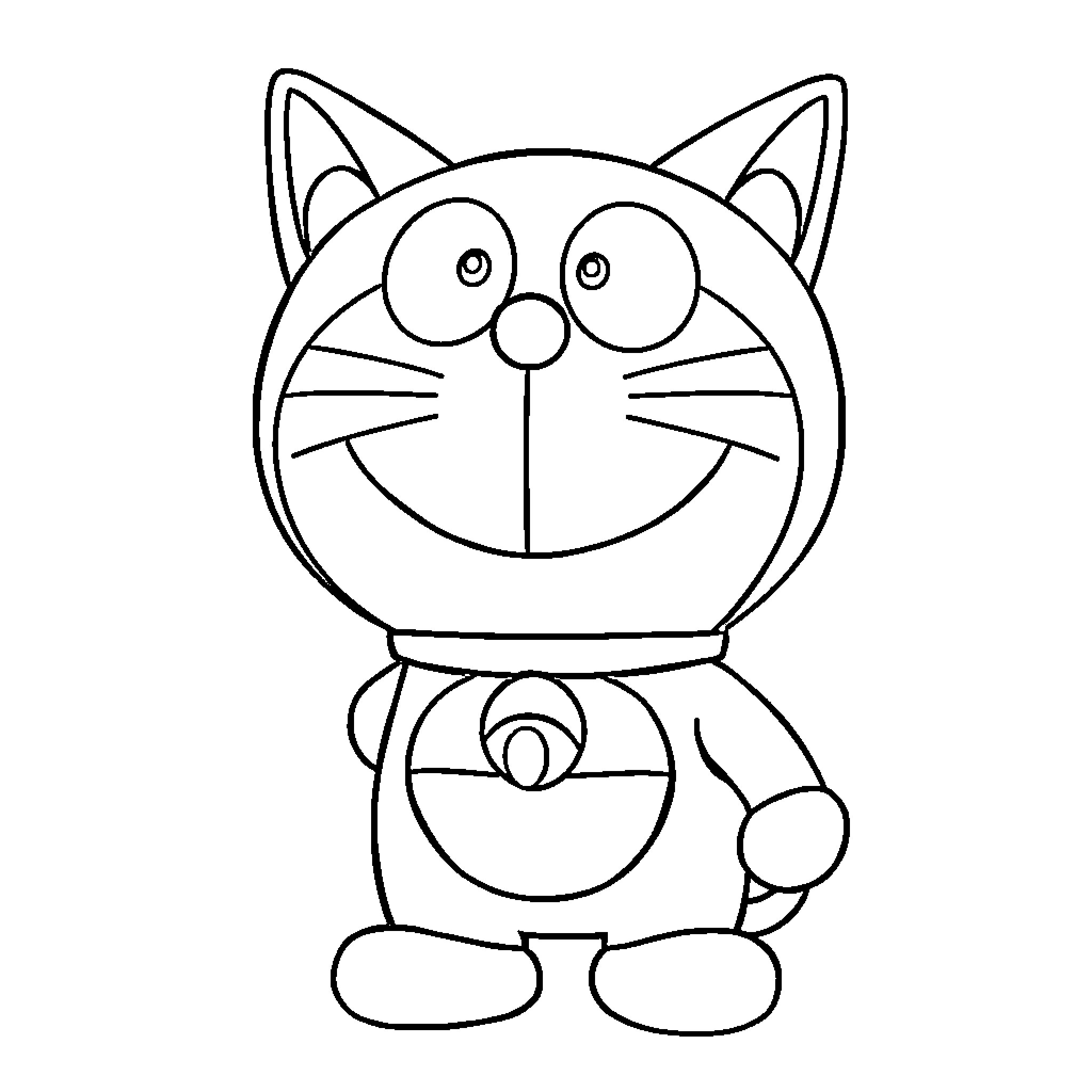 Doraemon smiling and gesturing playfully Coloring Page (free black-and-white line drawing printable PDF for all, from beginners to advanced learners, including children, teens, adults, and seniors)
