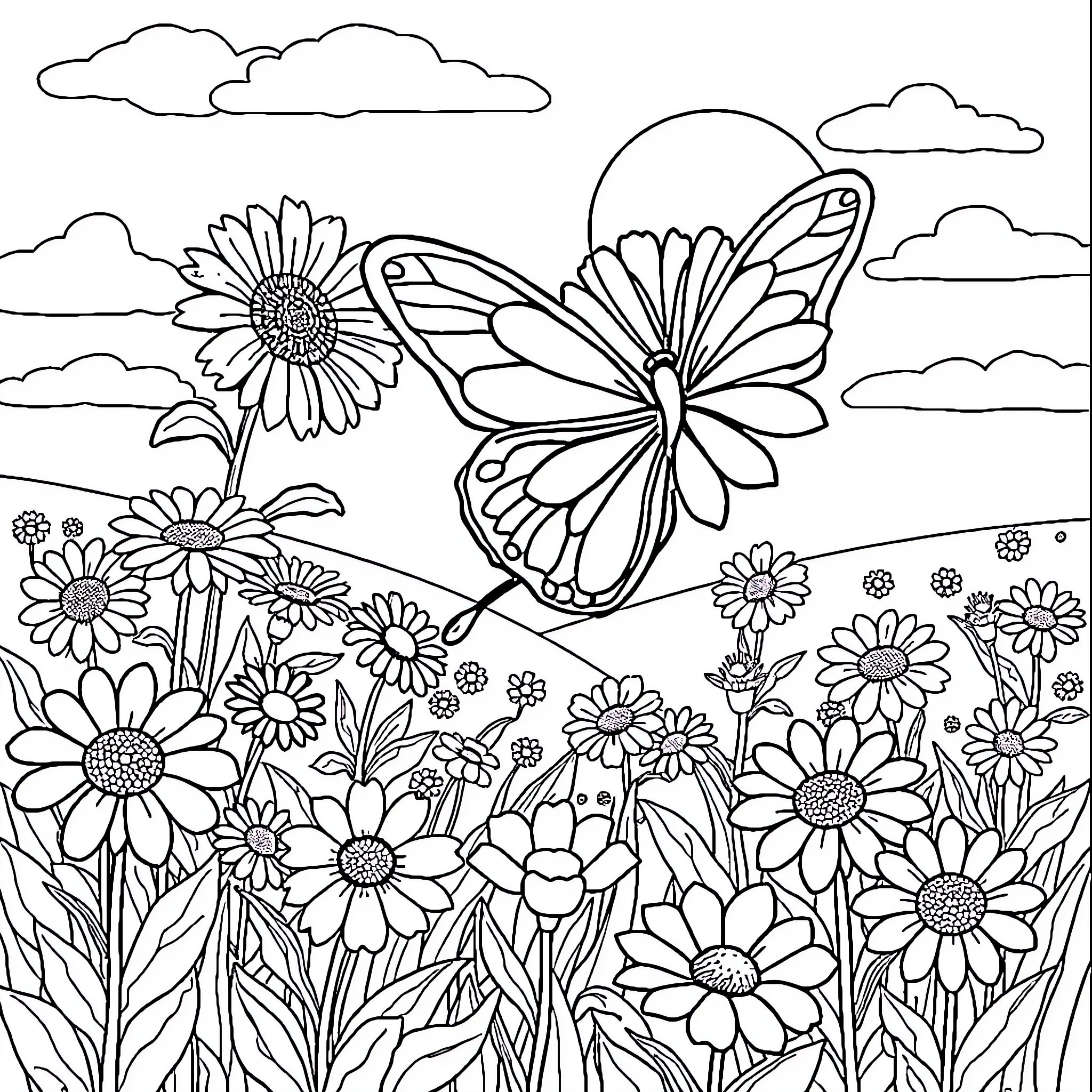 Butterfly soaring over a vibrant flower garden Coloring Page (free black-and-white line drawing printable PDF for all, from beginners to advanced learners, including children, teens, adults, and seniors)