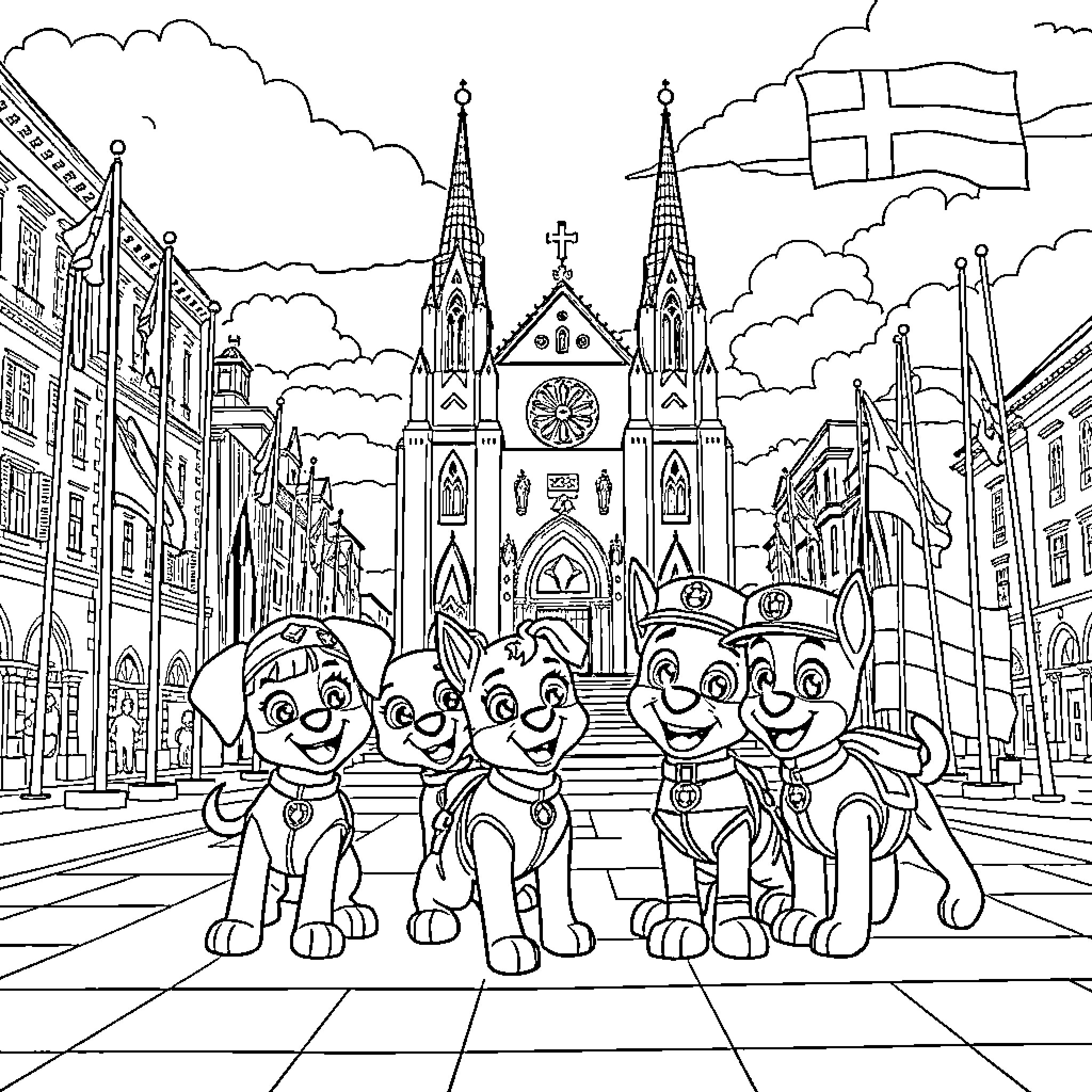 Paw Patrol Characters in Front of Cathedral Coloring Page (free black-and-white line drawing printable PDF for all, from beginners to advanced learners, including children, teens, adults, and seniors)