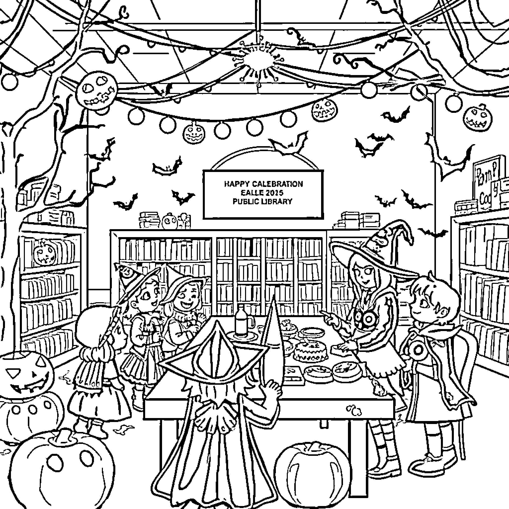 Halloween Celebration at the Public Library Coloring Page (free black-and-white line drawing printable PDF for all, from beginners to advanced learners, including children, teens, adults, and seniors)