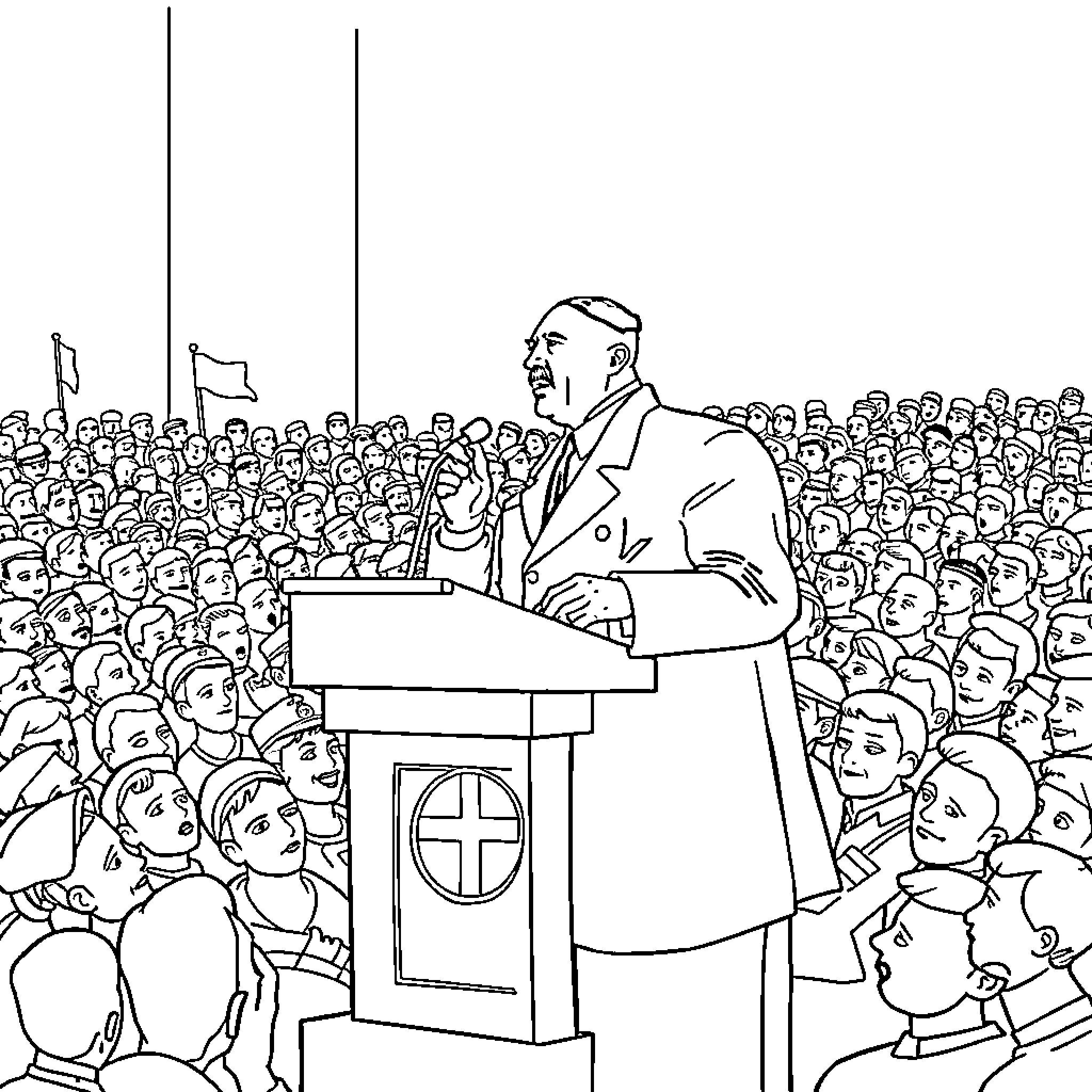 Adolf Hitler addressing a large crowd at a rally Coloring Page (free black-and-white line drawing printable PDF for all, from beginners to advanced learners, including children, teens, adults, and seniors)