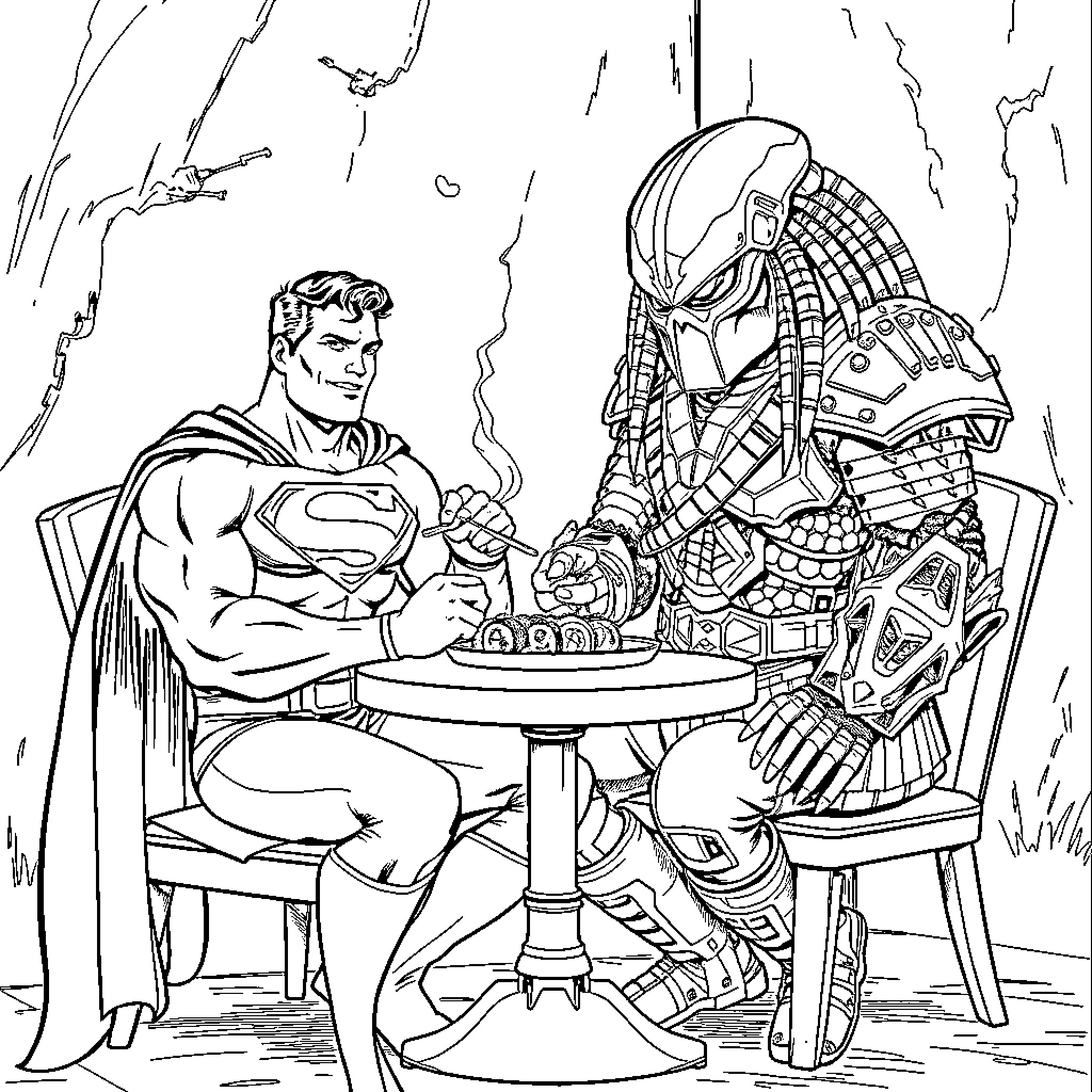 Superman and Predator engage in intense conversation Coloring Page (free black-and-white line drawing printable PDF for all, from beginners to advanced learners, including children, teens, adults, and seniors)