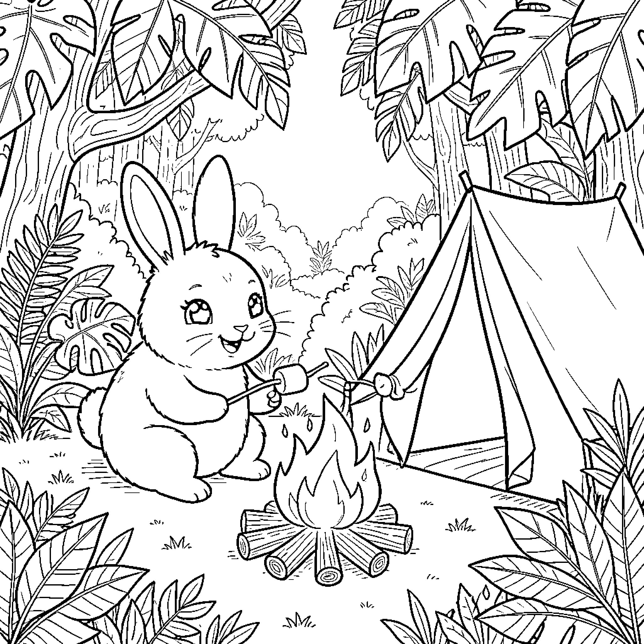 Bunny camping in the forest Coloring Page (free black-and-white line drawing printable PDF for all, from beginners to advanced learners, including children, teens, adults, and seniors)