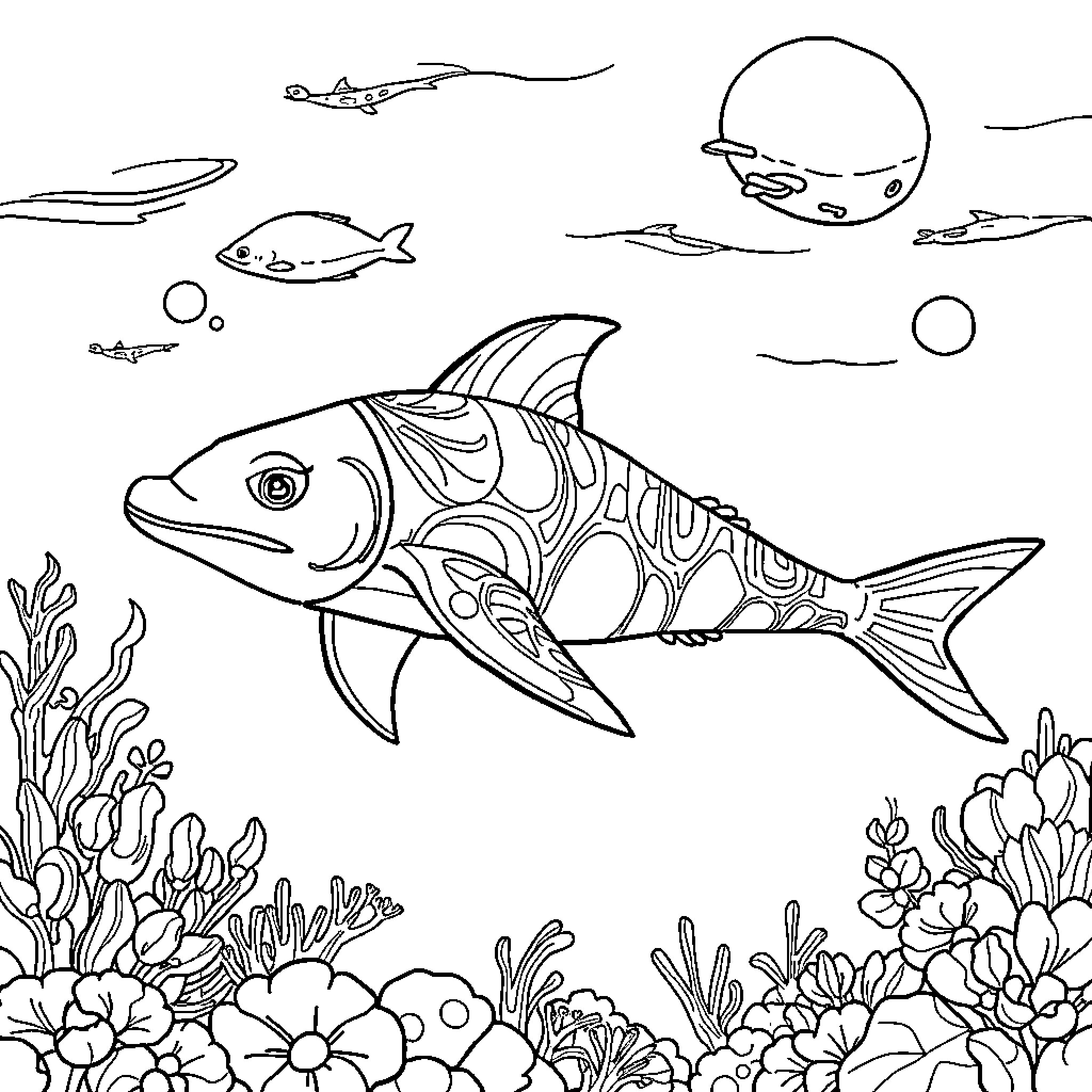 Sea Animal swimming through coral reef Coloring Page (free black-and-white line drawing printable PDF for all, from beginners to advanced learners, including children, teens, adults, and seniors)