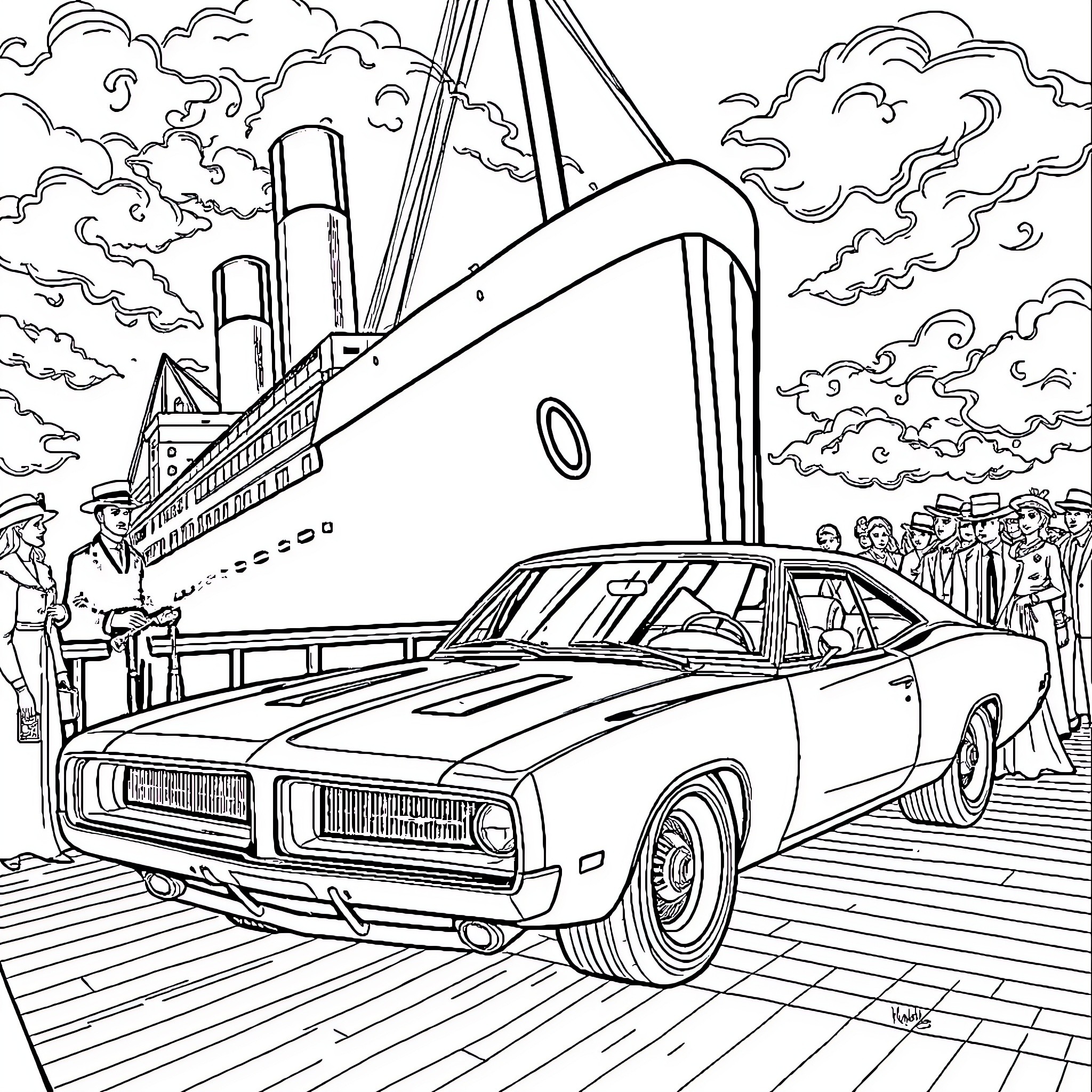 Dodge Charger on display at a dock with a ship in the background Coloring Page (free black-and-white line drawing printable PDF for all, from beginners to advanced learners, including children, teens, adults, and seniors)