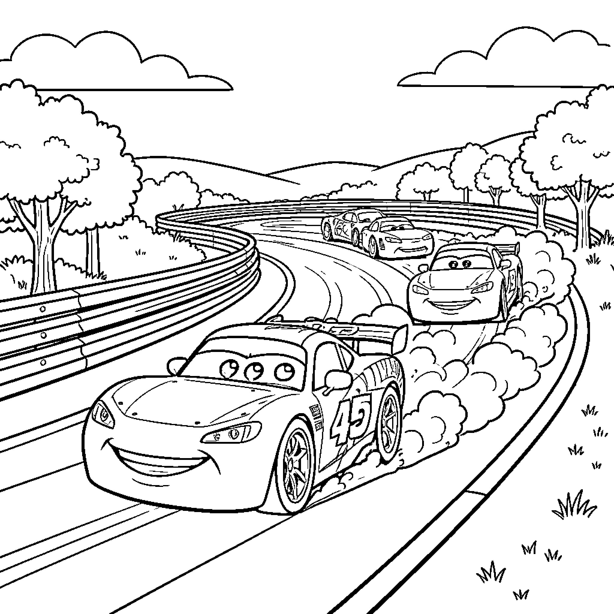 Car racing fast through a winding track Coloring Page (free black-and-white line drawing printable PDF for all, from beginners to advanced learners, including children, teens, adults, and seniors)
