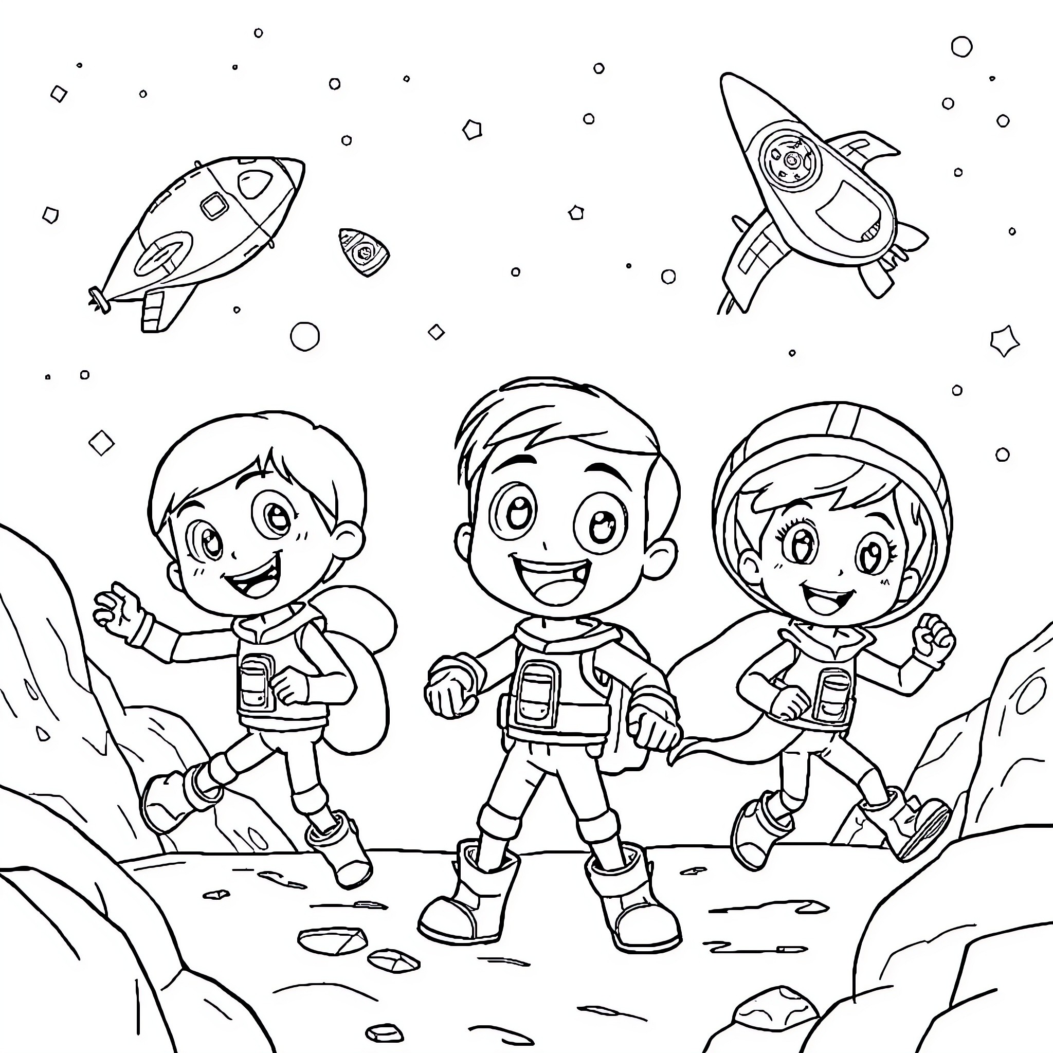 Jet-powered adventures of young explorers in space Coloring Page (free black-and-white line drawing printable PDF for all, from beginners to advanced learners, including children, teens, adults, and seniors)