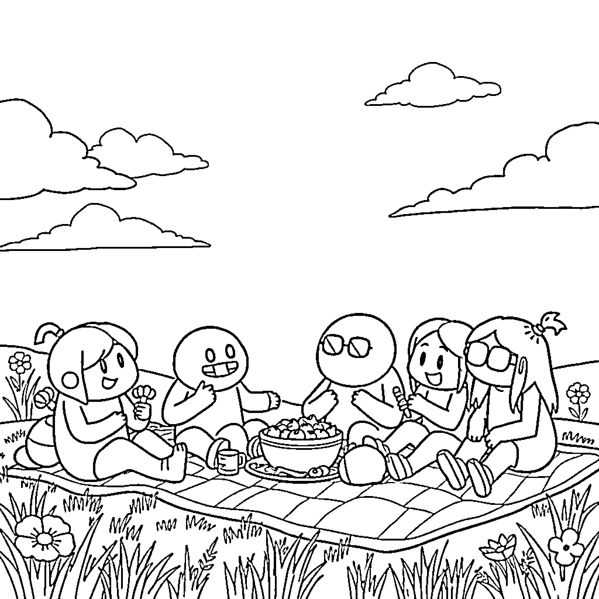 Among Us characters having a picnic in the park Coloring Page (free black-and-white line drawing printable PDF for all, from beginners to advanced learners, including children, teens, adults, and seniors)