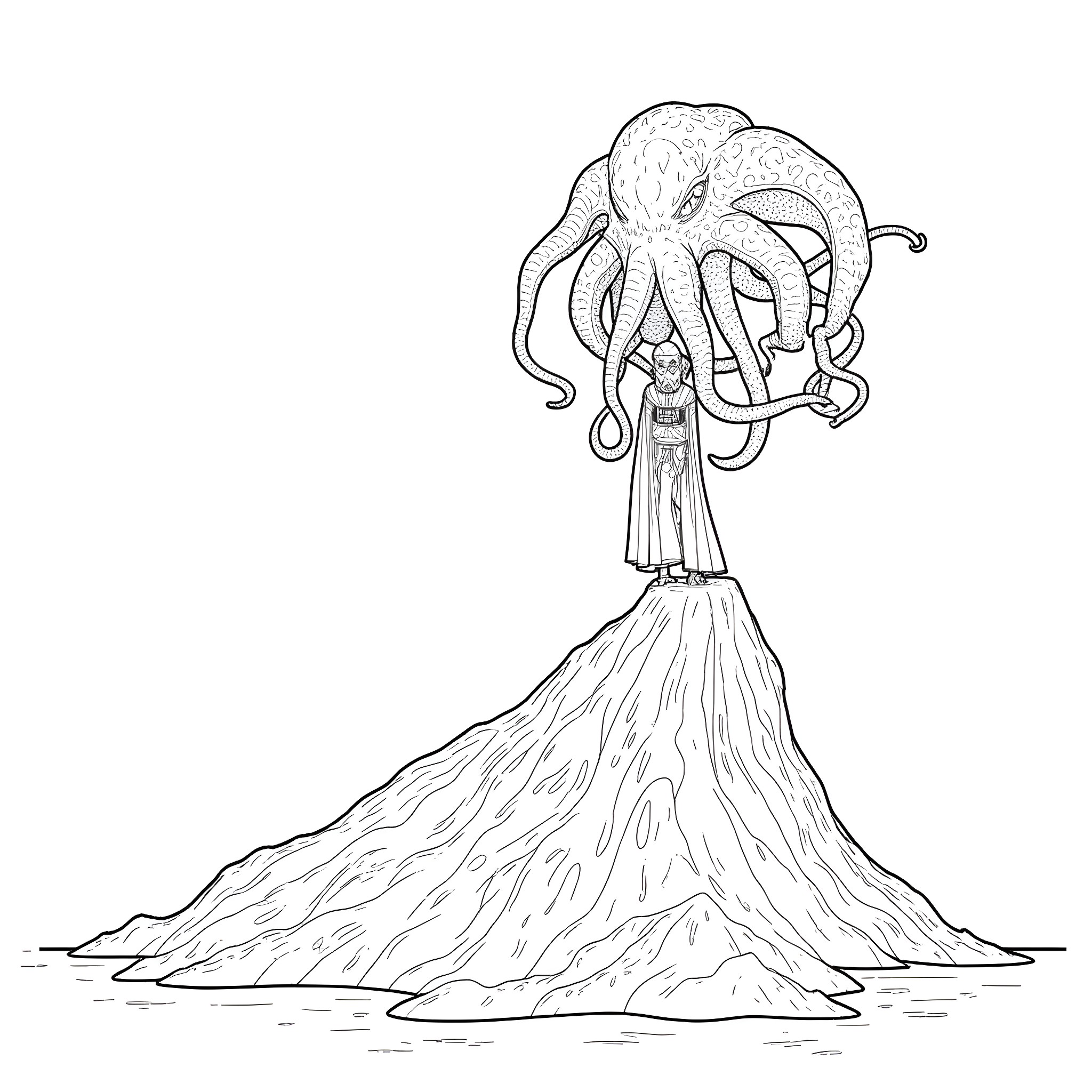Darth Vader Confronting a Mysterious Alien Entity Coloring Page (free black-and-white line drawing printable PDF for all, from beginners to advanced learners, including children, teens, adults, and seniors)