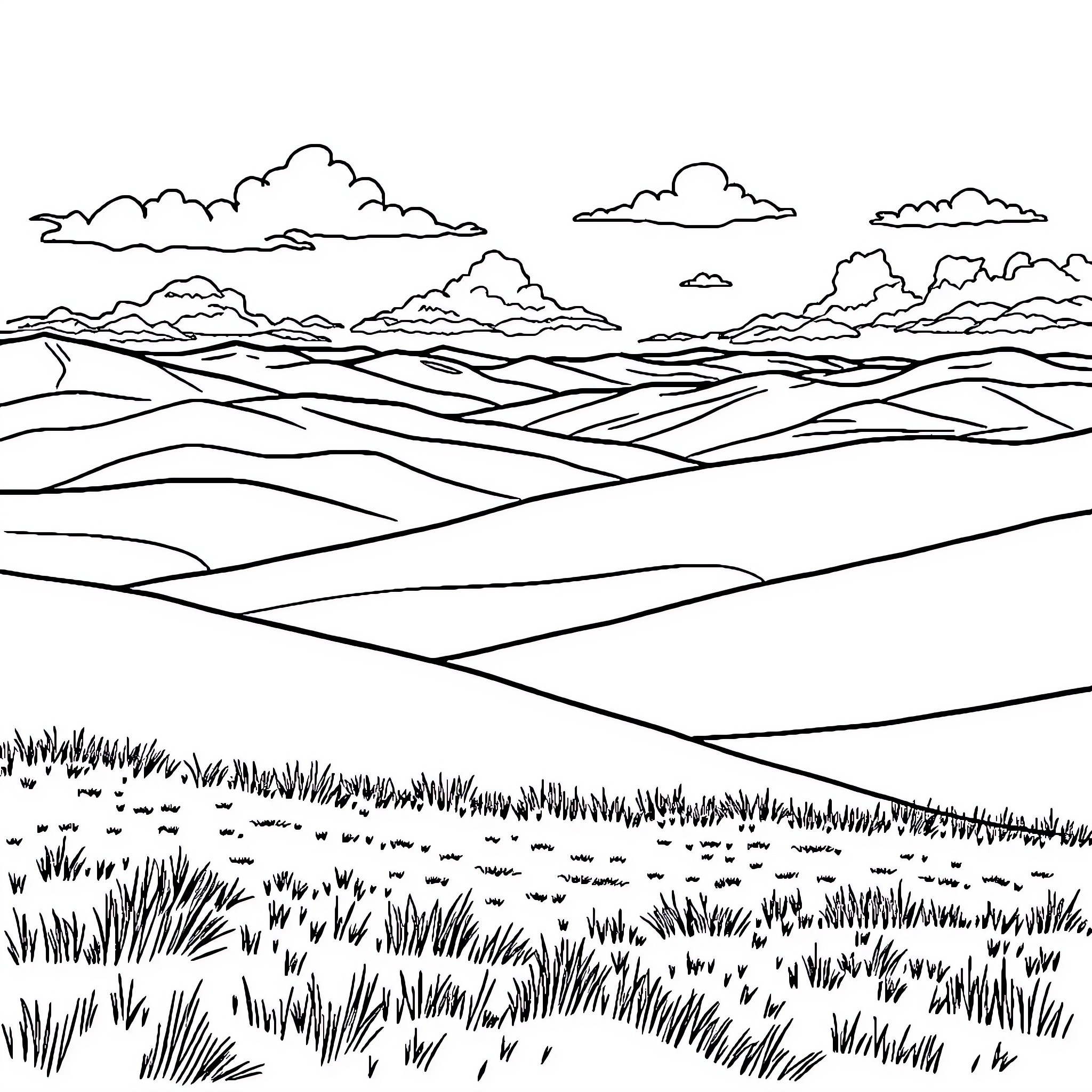 Landscape of rolling hills and clouds Coloring Page (free black-and-white line drawing printable PDF for all, from beginners to advanced learners, including children, teens, adults, and seniors)