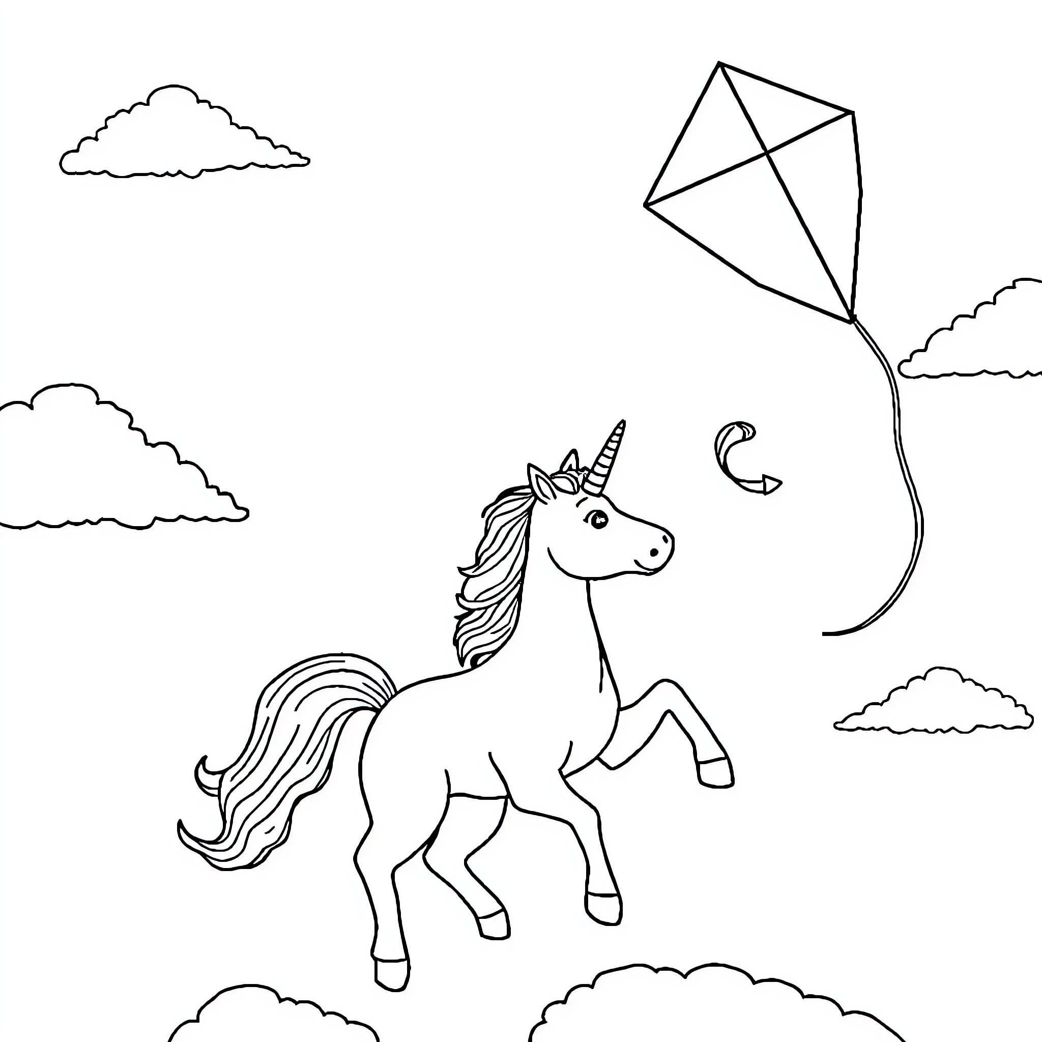 Unicorn flying a kite in the sky Coloring Page (free black-and-white line drawing printable PDF for all, from beginners to advanced learners, including children, teens, adults, and seniors)