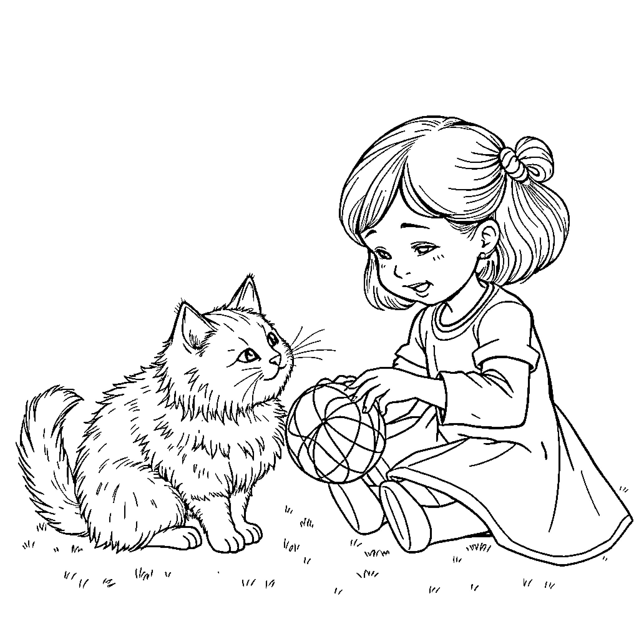 Girl playing with a fluffy cat Coloring Page (free black-and-white line drawing printable PDF for all, from beginners to advanced learners, including children, teens, adults, and seniors)
