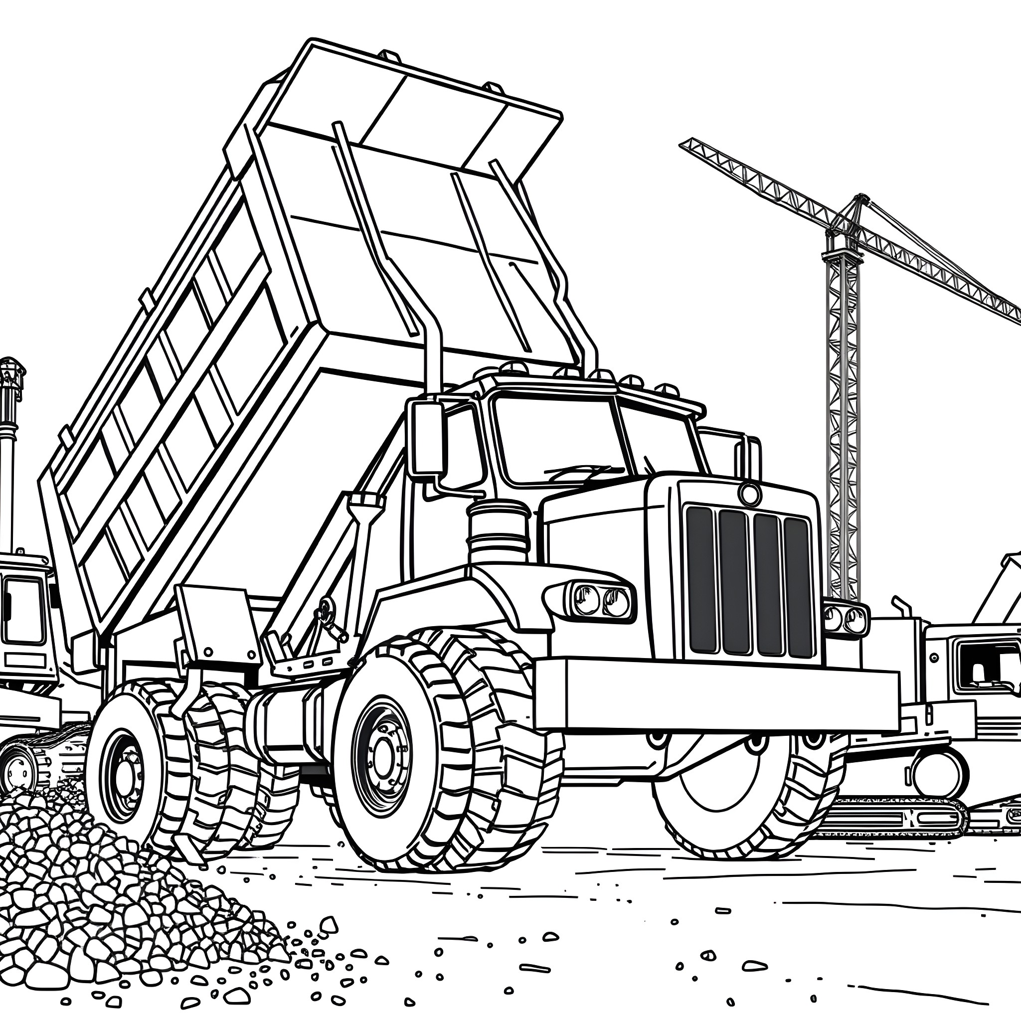Dump Pickup Truck Transporting Construction Materials Coloring Page (free black-and-white line drawing printable PDF for all, from beginners to advanced learners, including children, teens, adults, and seniors)