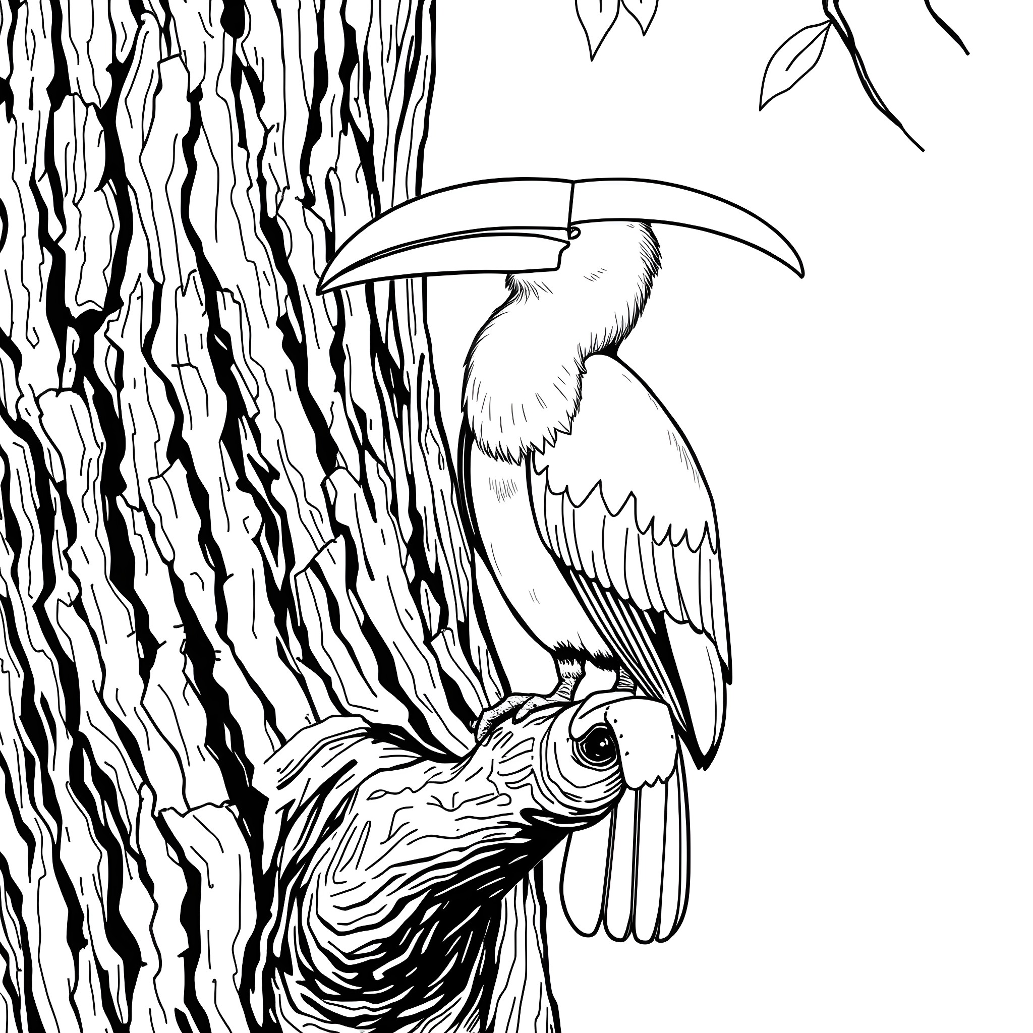 Toucanet perched on a tree trunk Coloring Page (free black-and-white line drawing printable PDF for all, from beginners to advanced learners, including children, teens, adults, and seniors)