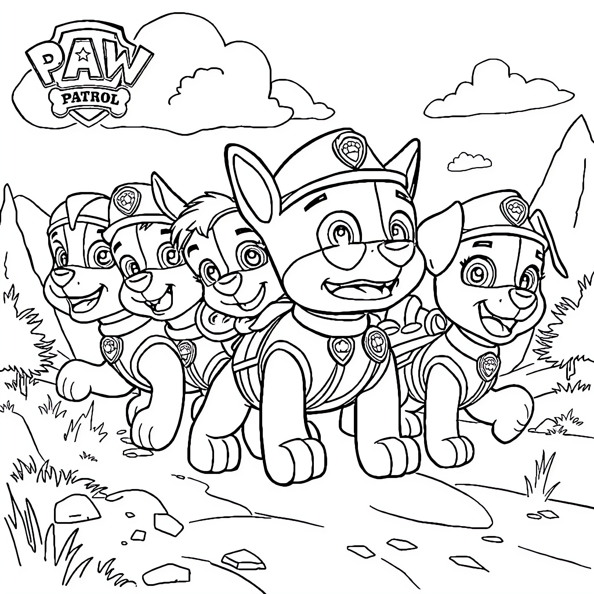 Pat Patrol pups exploring the great outdoors Coloring Page (free black-and-white line drawing printable PDF for all, from beginners to advanced learners, including children, teens, adults, and seniors)