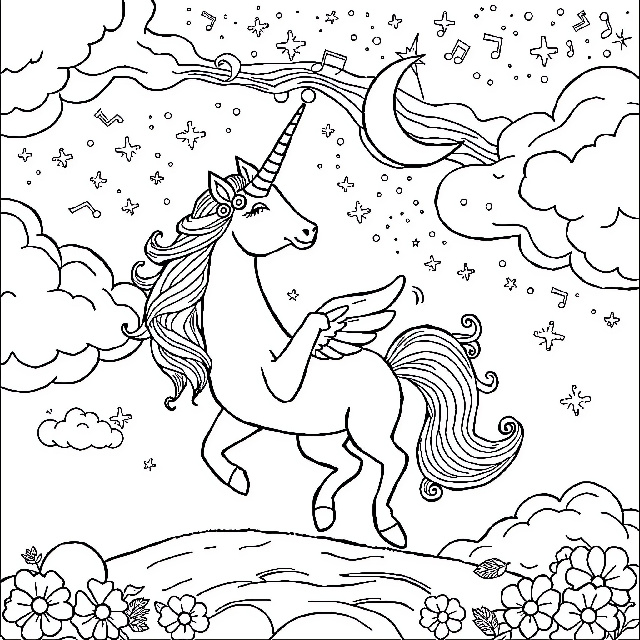 Unicorn soaring through the starry night sky Coloring Page (free black-and-white line drawing printable PDF for all, from beginners to advanced learners, including children, teens, adults, and seniors)