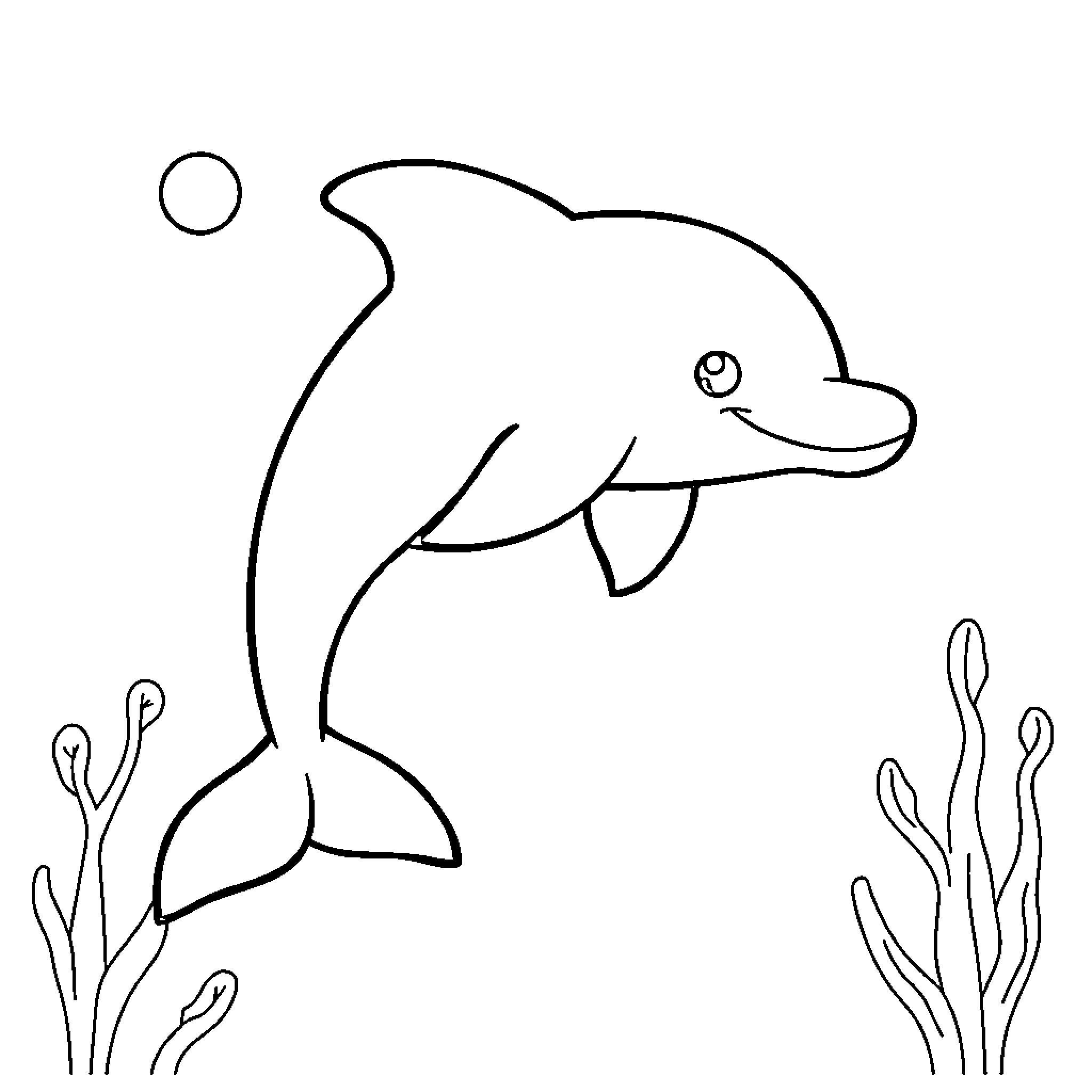 Dolphin swimming playfully in the ocean Coloring Page (free black-and-white line drawing printable PDF for all, from beginners to advanced learners, including children, teens, adults, and seniors)