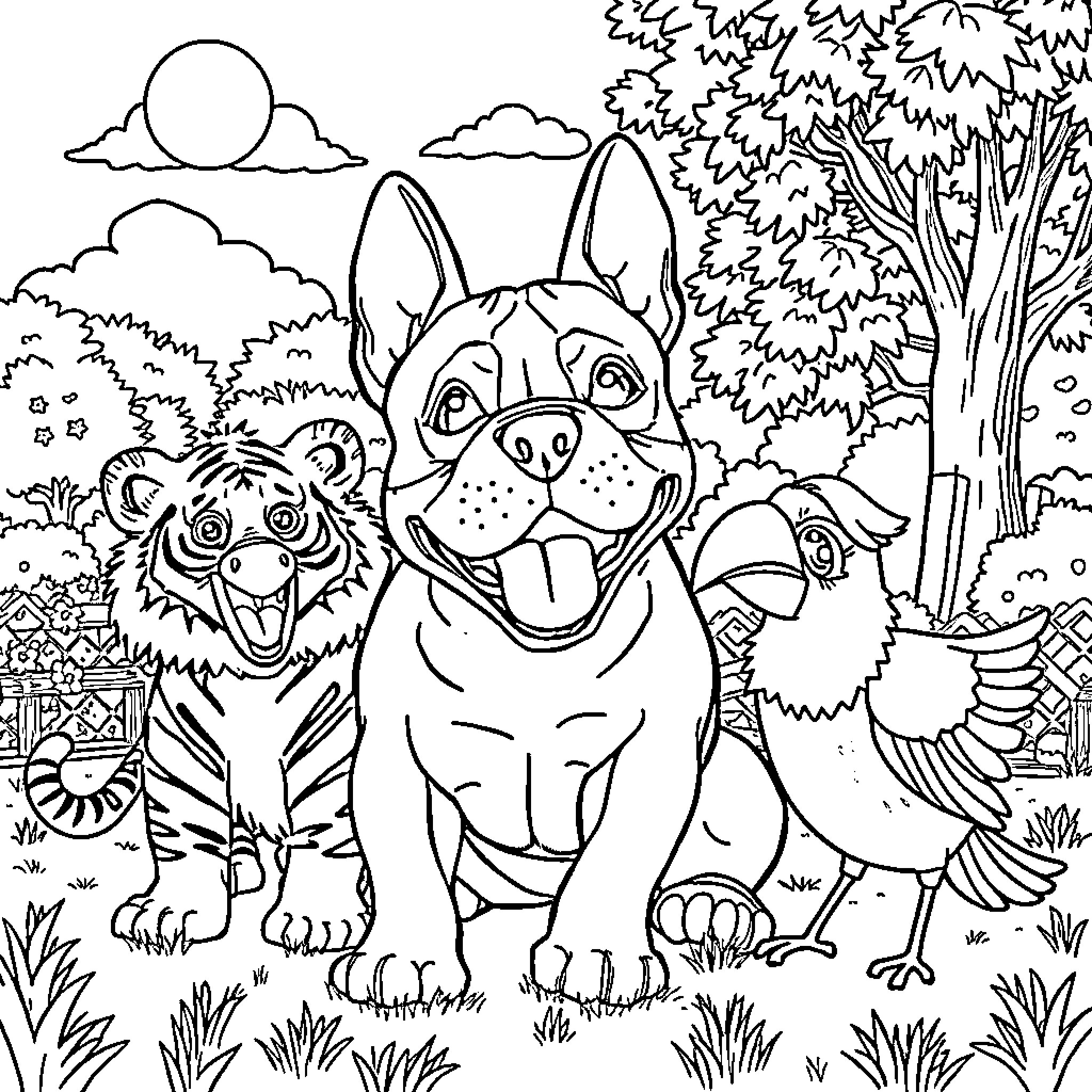 Bully animal friends playing in the forest Coloring Page (free black-and-white line drawing printable PDF for all, from beginners to advanced learners, including children, teens, adults, and seniors)