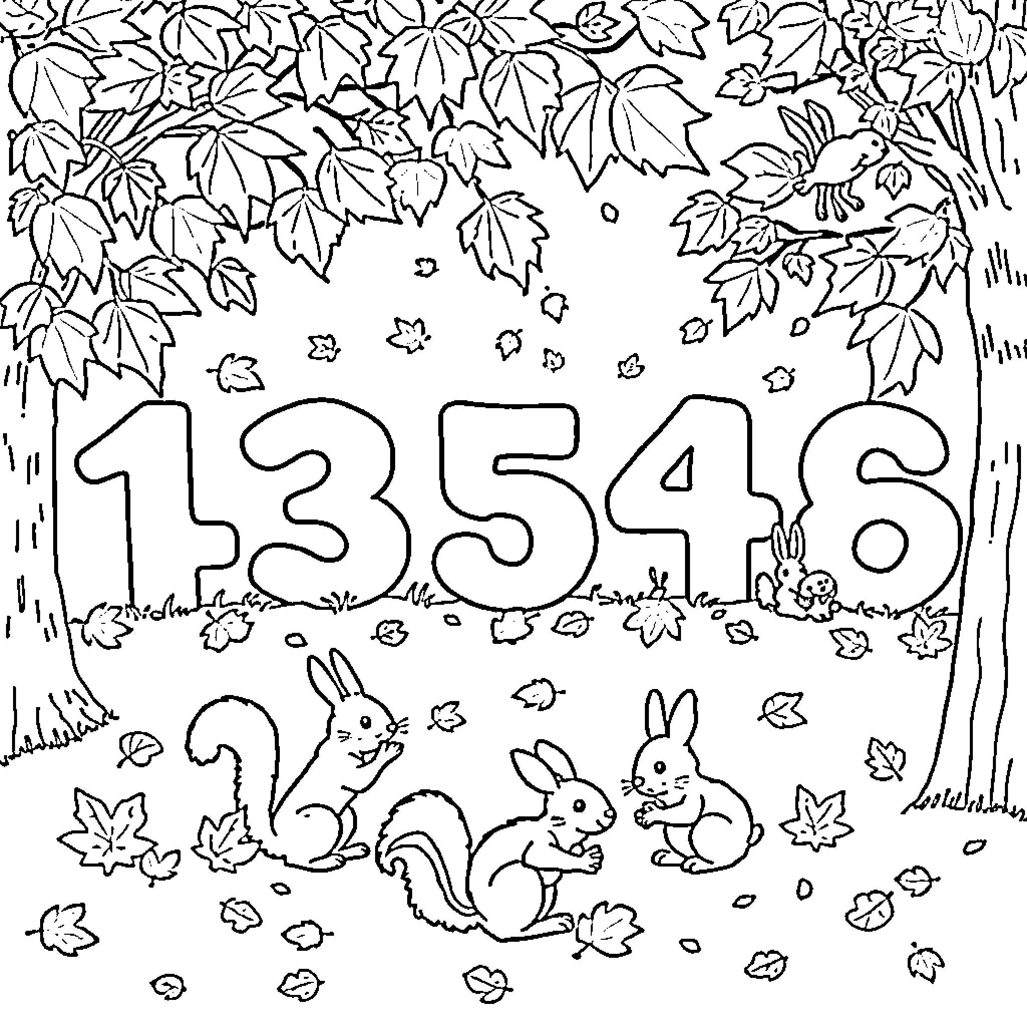 Number Counting Activity with Woodland Creatures Coloring Page (free black-and-white line drawing printable PDF for all, from beginners to advanced learners, including children, teens, adults, and seniors)