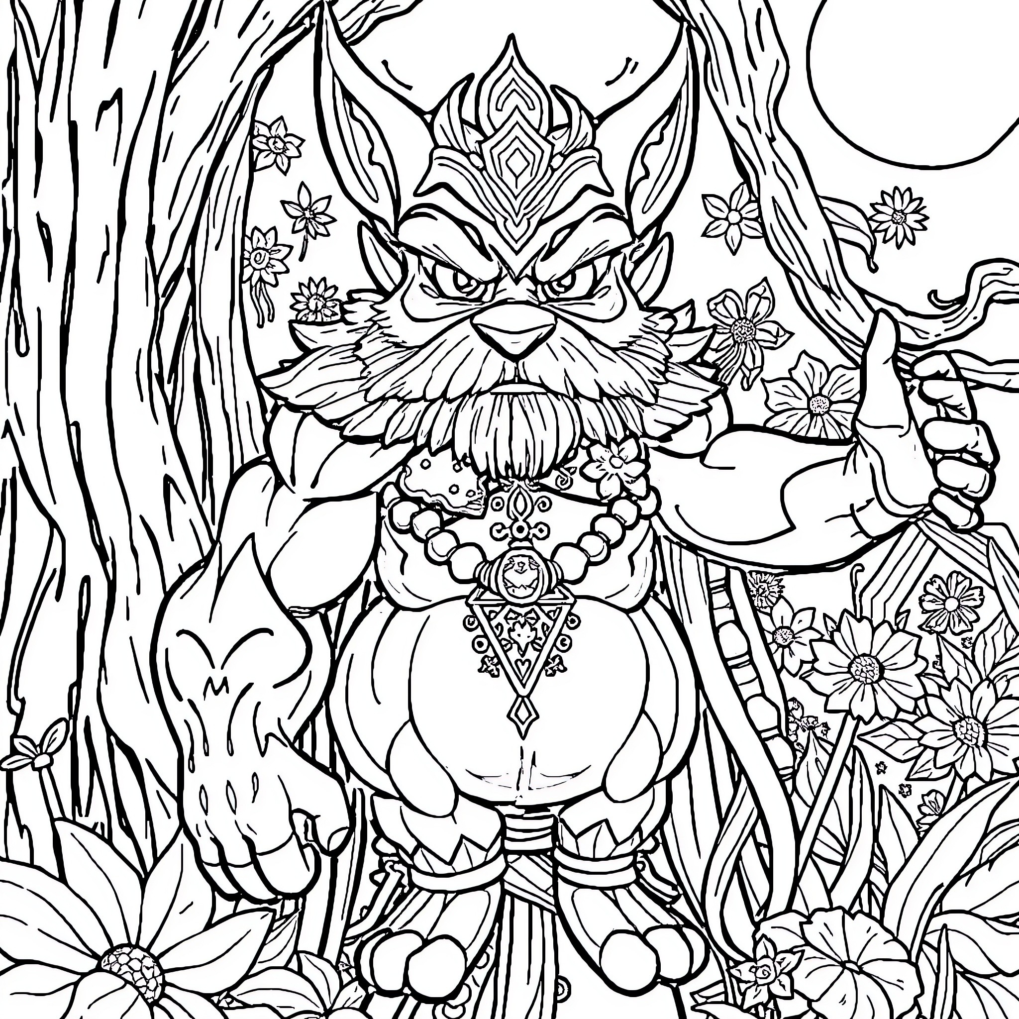 Character in Ornate Floral Forest Scene Coloring Page (free black-and-white line drawing printable PDF for all, from beginners to advanced learners, including children, teens, adults, and seniors)