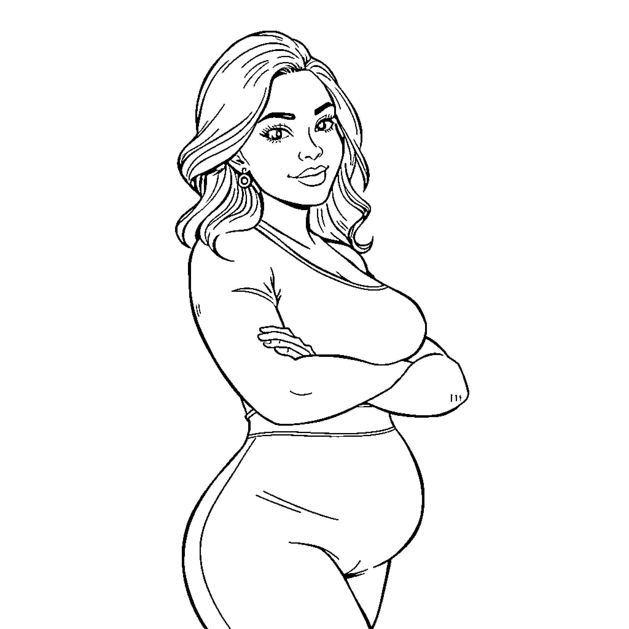 Woman with confident expression in casual attire Coloring Page (free black-and-white line drawing printable PDF for all, from beginners to advanced learners, including children, teens, adults, and seniors)