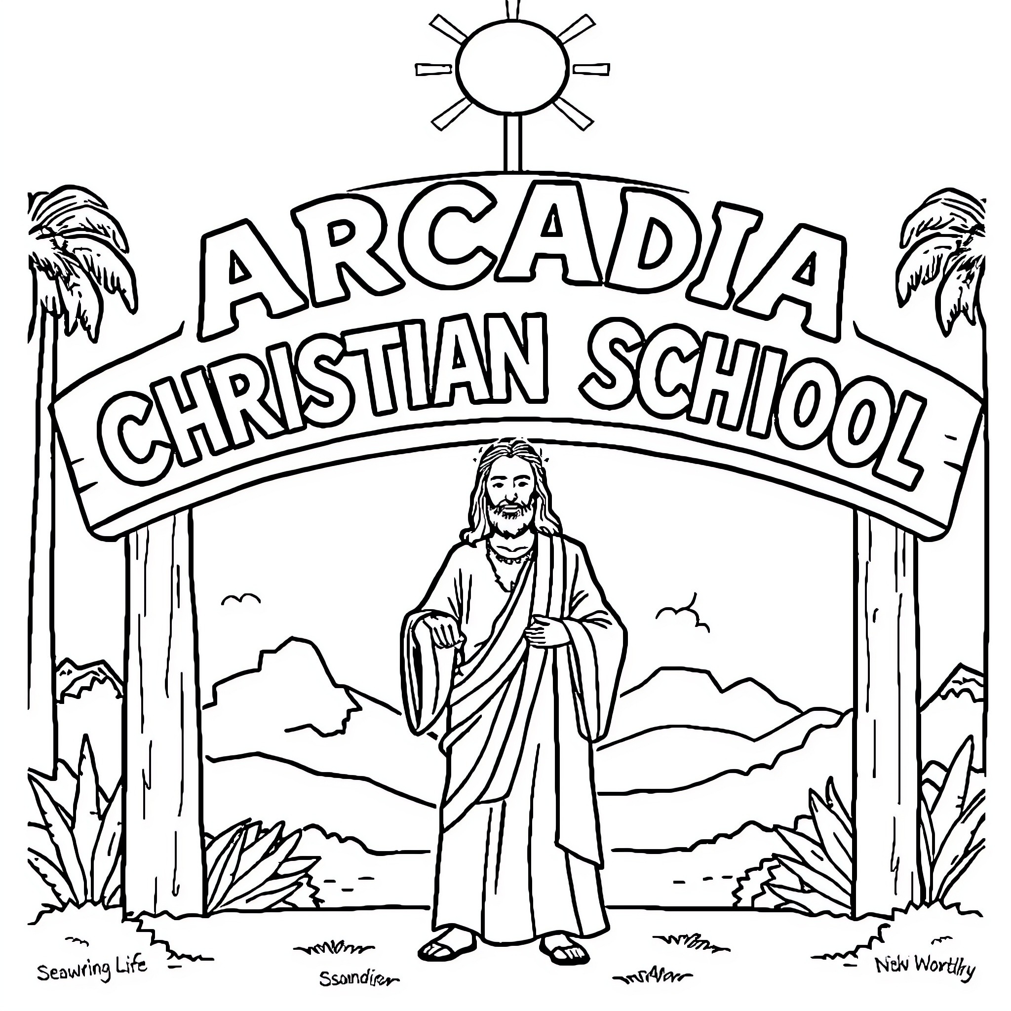 Jesus in a serene nature setting near the Arcadia Christian School Coloring Page (free black-and-white line drawing printable PDF for all, from beginners to advanced learners, including children, teens, adults, and seniors)