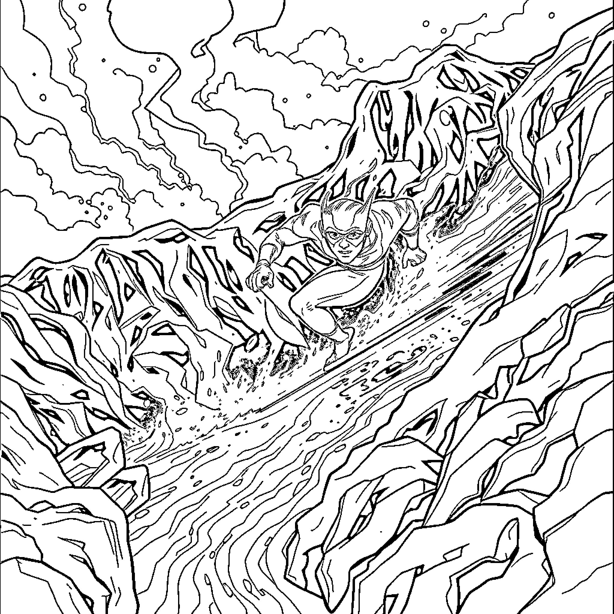 Flash through treacherous mountain terrain Coloring Page (free black-and-white line drawing printable PDF for all, from beginners to advanced learners, including children, teens, adults, and seniors)