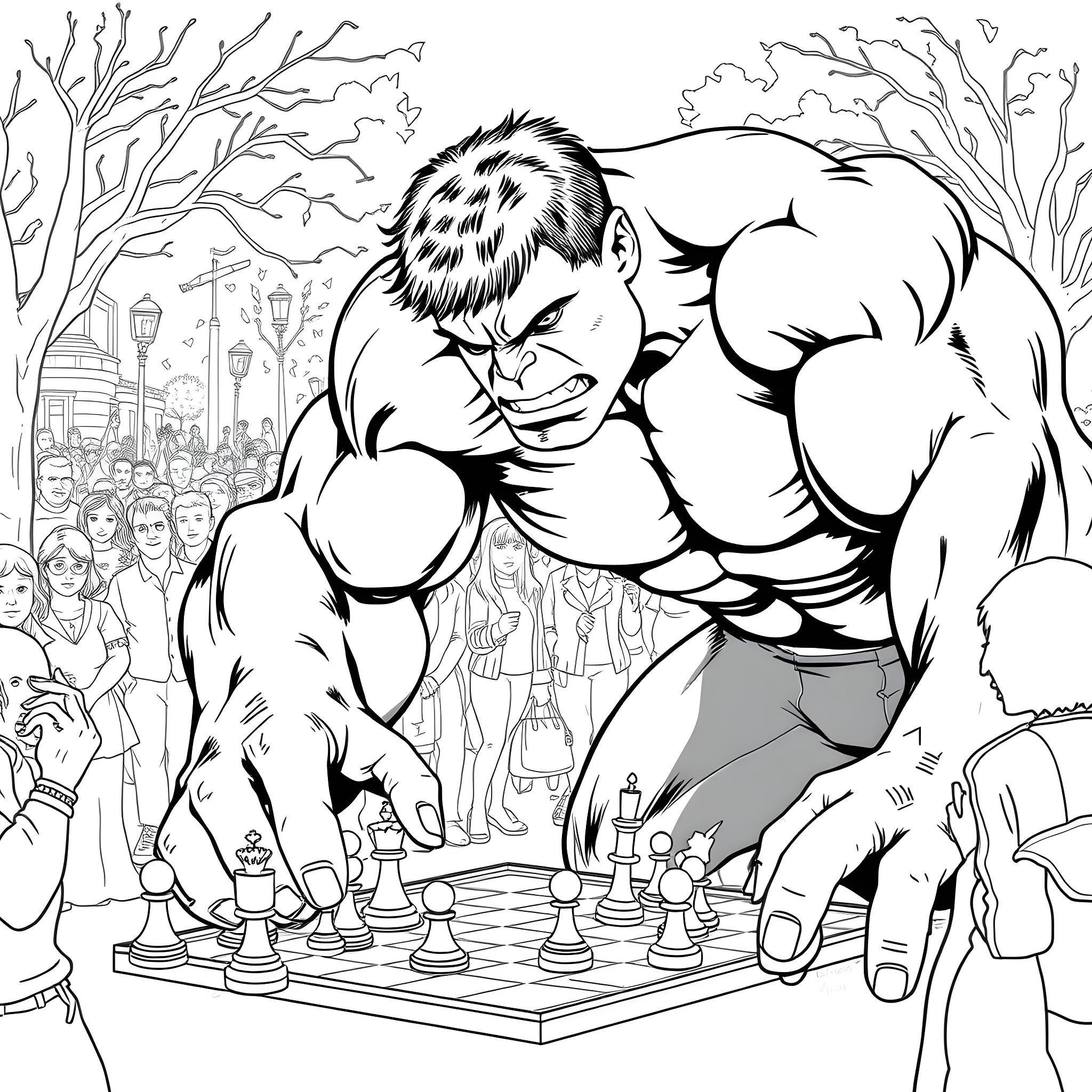 Hulk playing chess with the crowd Coloring Page (free black-and-white line drawing printable PDF for all, from beginners to advanced learners, including children, teens, adults, and seniors)