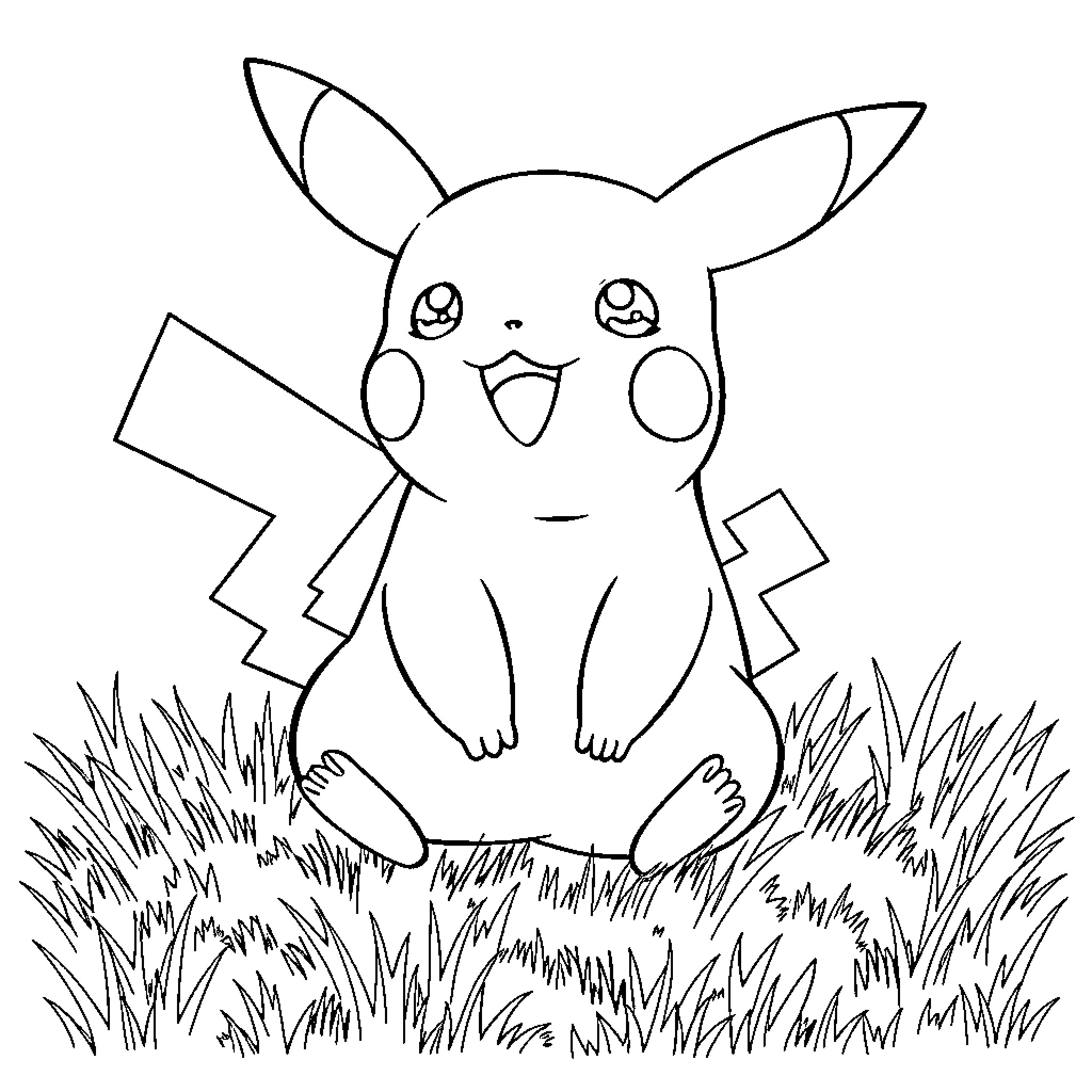 Pikachu happily playing in the grass Coloring Page (free black-and-white line drawing printable PDF for all, from beginners to advanced learners, including children, teens, adults, and seniors)