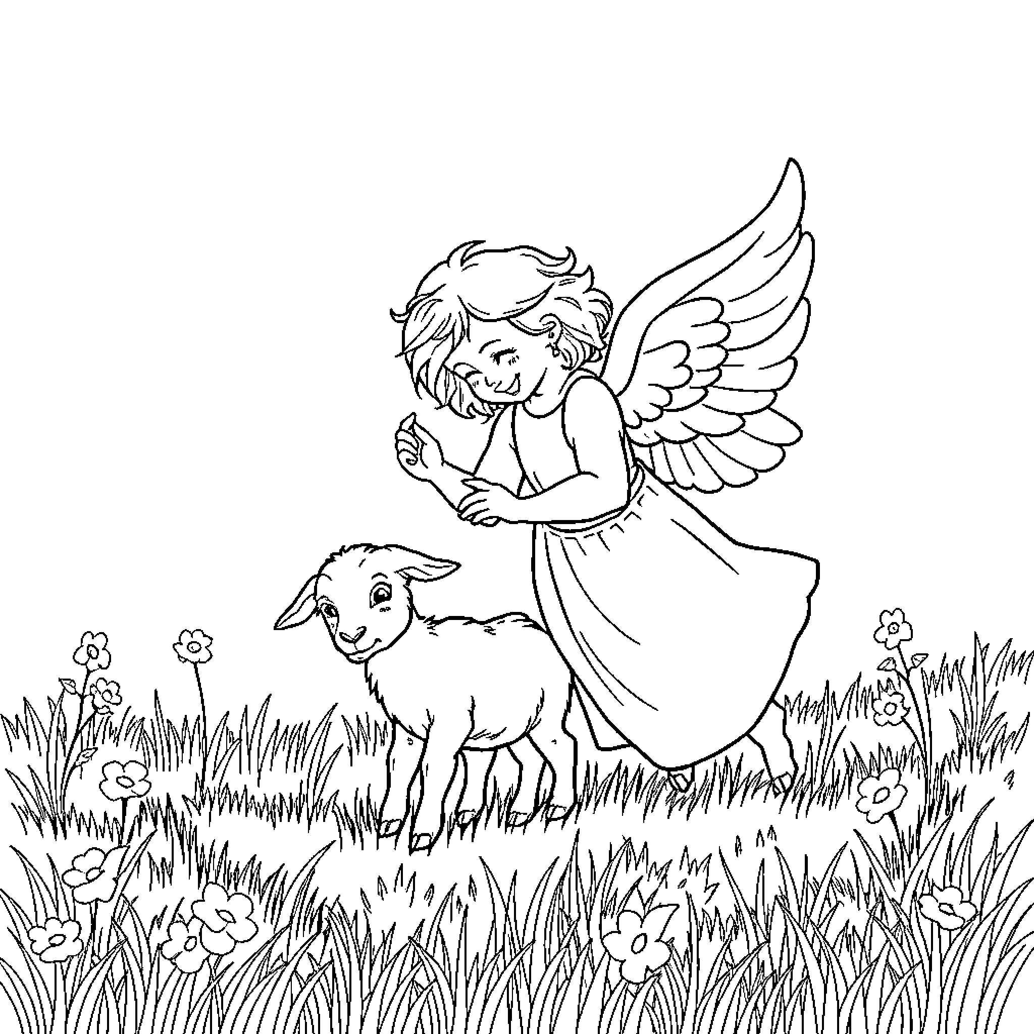 Angel playing joyfully with a little lamb Coloring Page (free black-and-white line drawing printable PDF for all, from beginners to advanced learners, including children, teens, adults, and seniors)