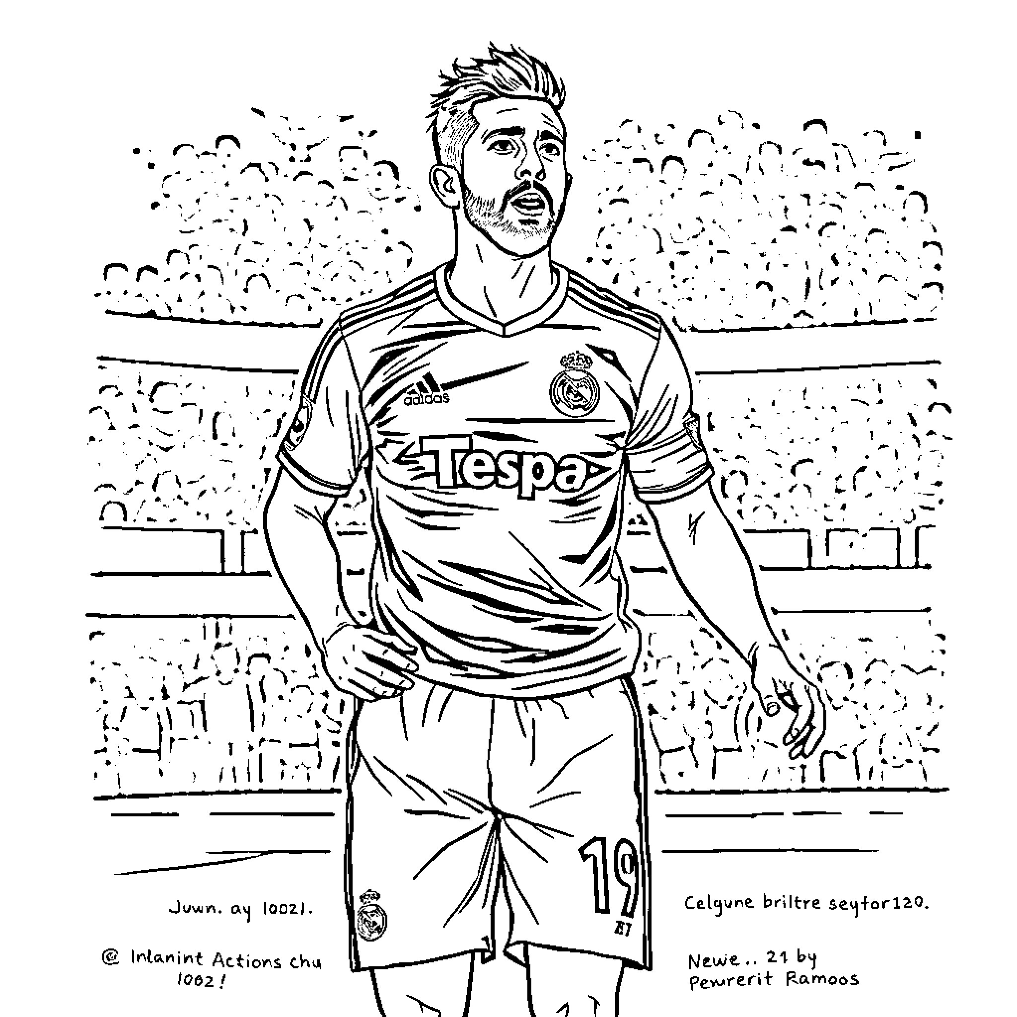Sergio Ramos in uniform playing soccer on the field Coloring Page (free black-and-white line drawing printable PDF for all, from beginners to advanced learners, including children, teens, adults, and seniors)
