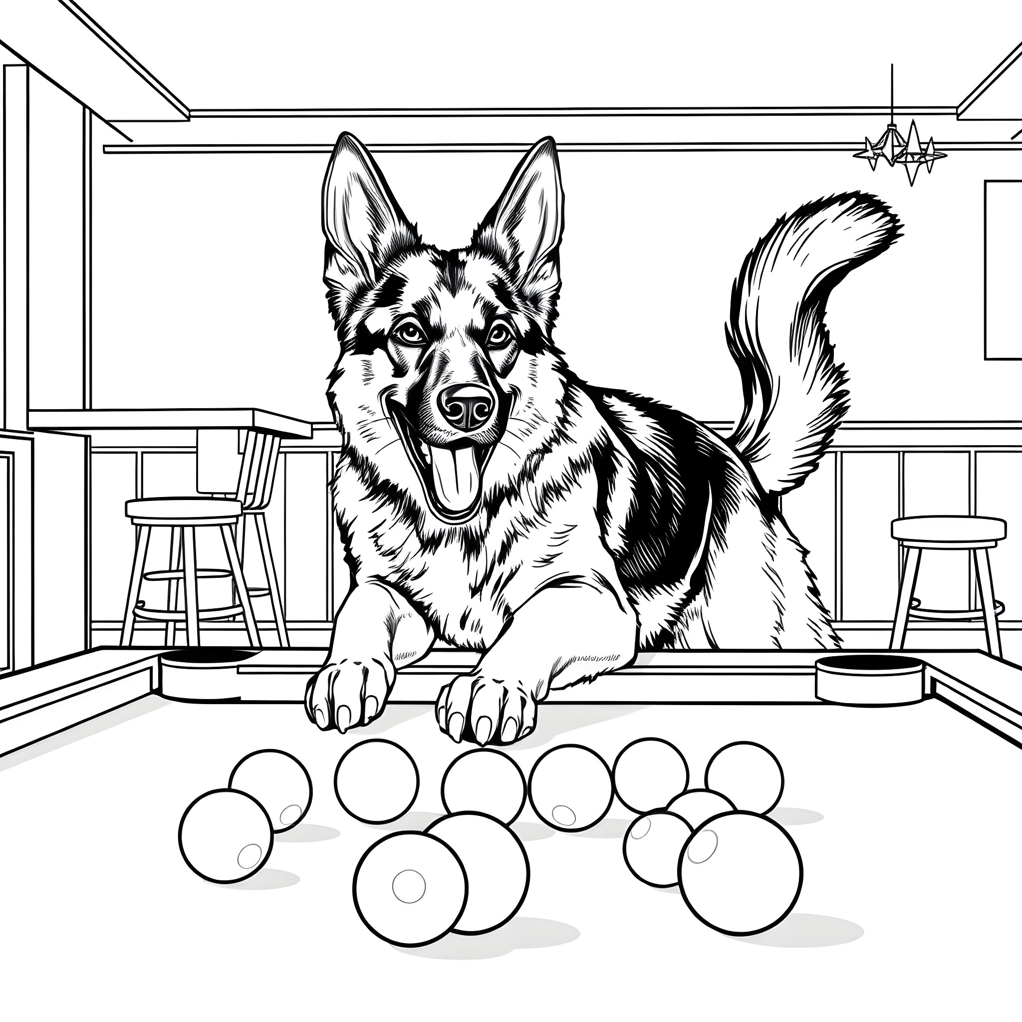 German Shepherd playing with balls in indoor setting Coloring Page (free black-and-white line drawing printable PDF for all, from beginners to advanced learners, including children, teens, adults, and seniors)
