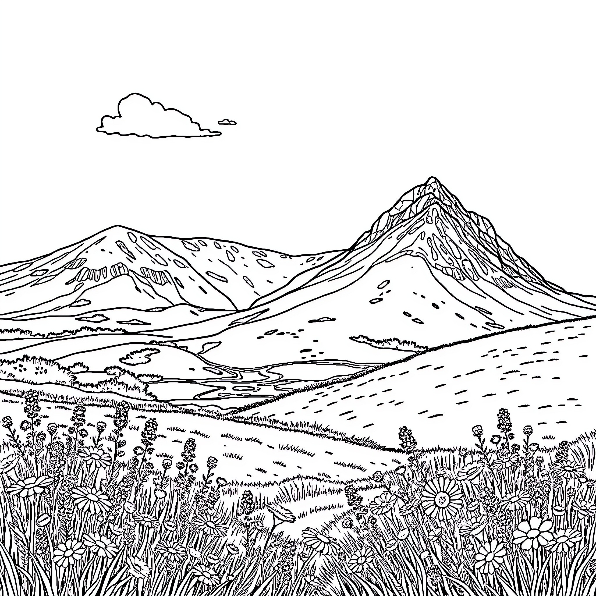 Scotland's Majestic Mountain Landscape Coloring Page (free black-and-white line drawing printable PDF for all, from beginners to advanced learners, including children, teens, adults, and seniors)