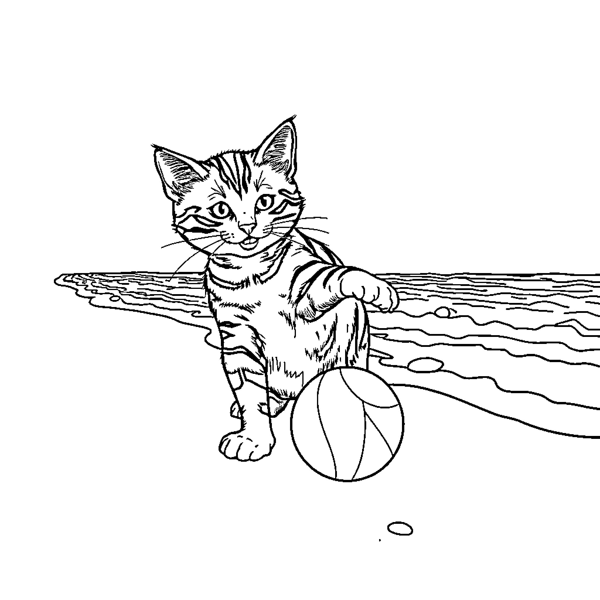 Cat playing with ball on beach Coloring Page (free black-and-white line drawing printable PDF for all, from beginners to advanced learners, including children, teens, adults, and seniors)