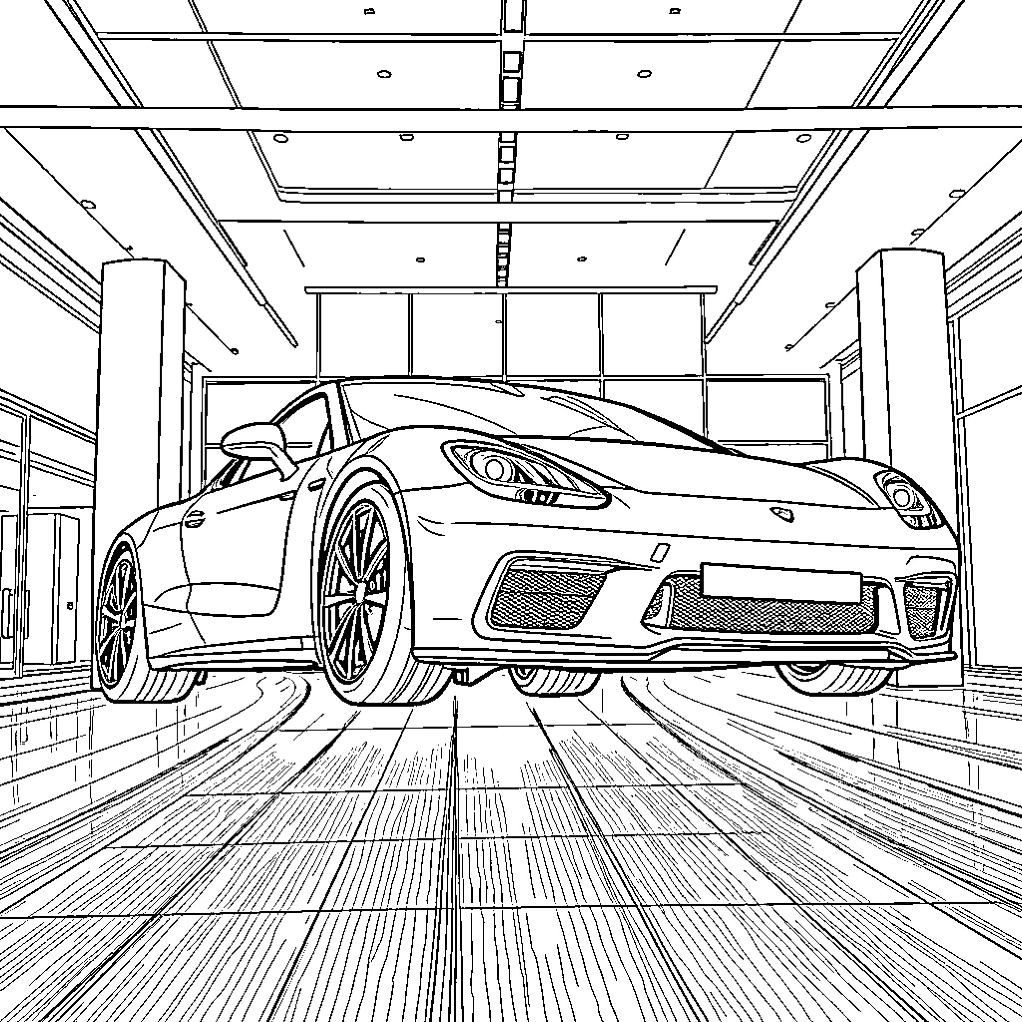 Flying Car in Futuristic Garage Coloring Page (free black-and-white line drawing printable PDF for all, from beginners to advanced learners, including children, teens, adults, and seniors)