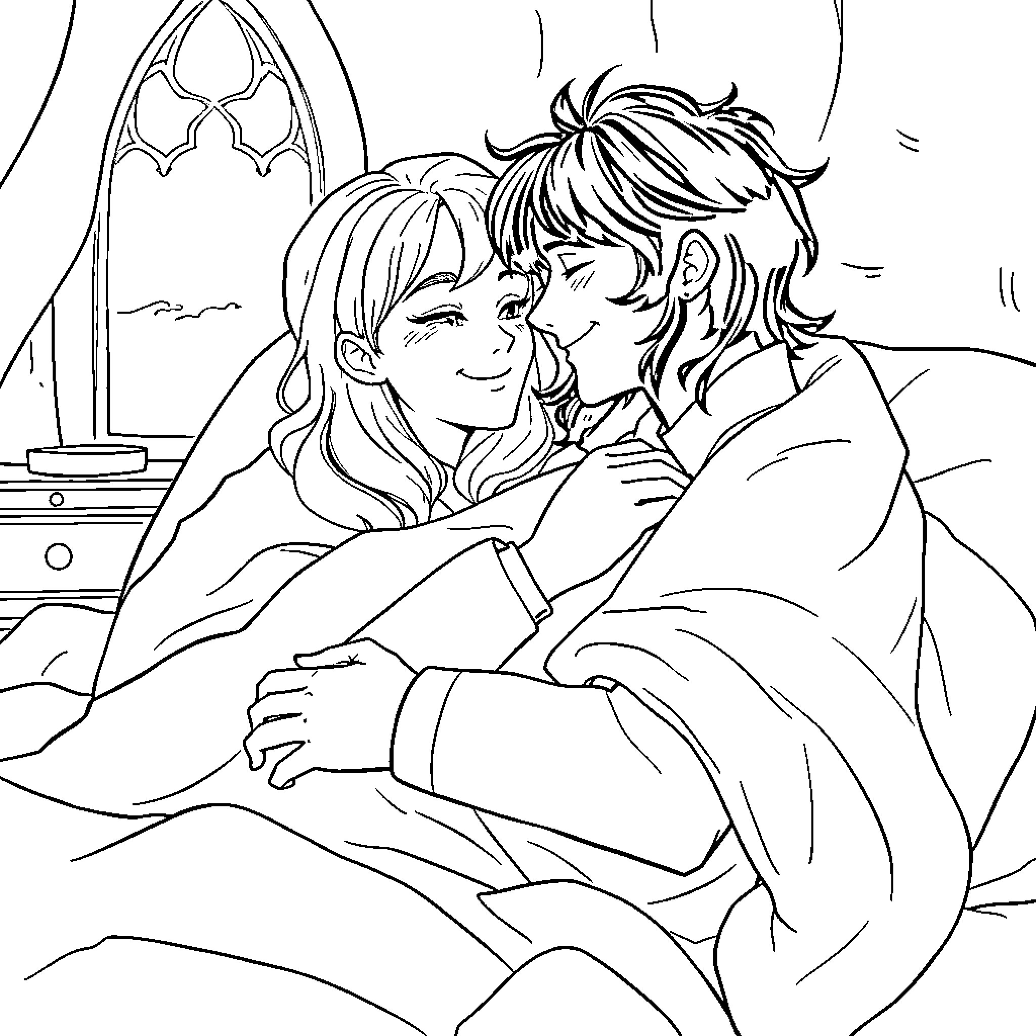 Draco Malfoy and Hermione Granger in a tender moment Coloring Page (free black-and-white line drawing printable PDF for all, from beginners to advanced learners, including children, teens, adults, and seniors)