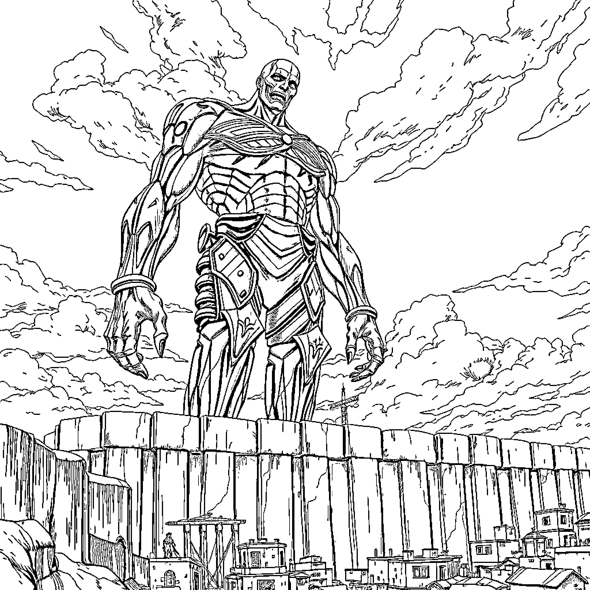 Titan standing tall in the stormy city Coloring Page (free black-and-white line drawing printable PDF for all, from beginners to advanced learners, including children, teens, adults, and seniors)