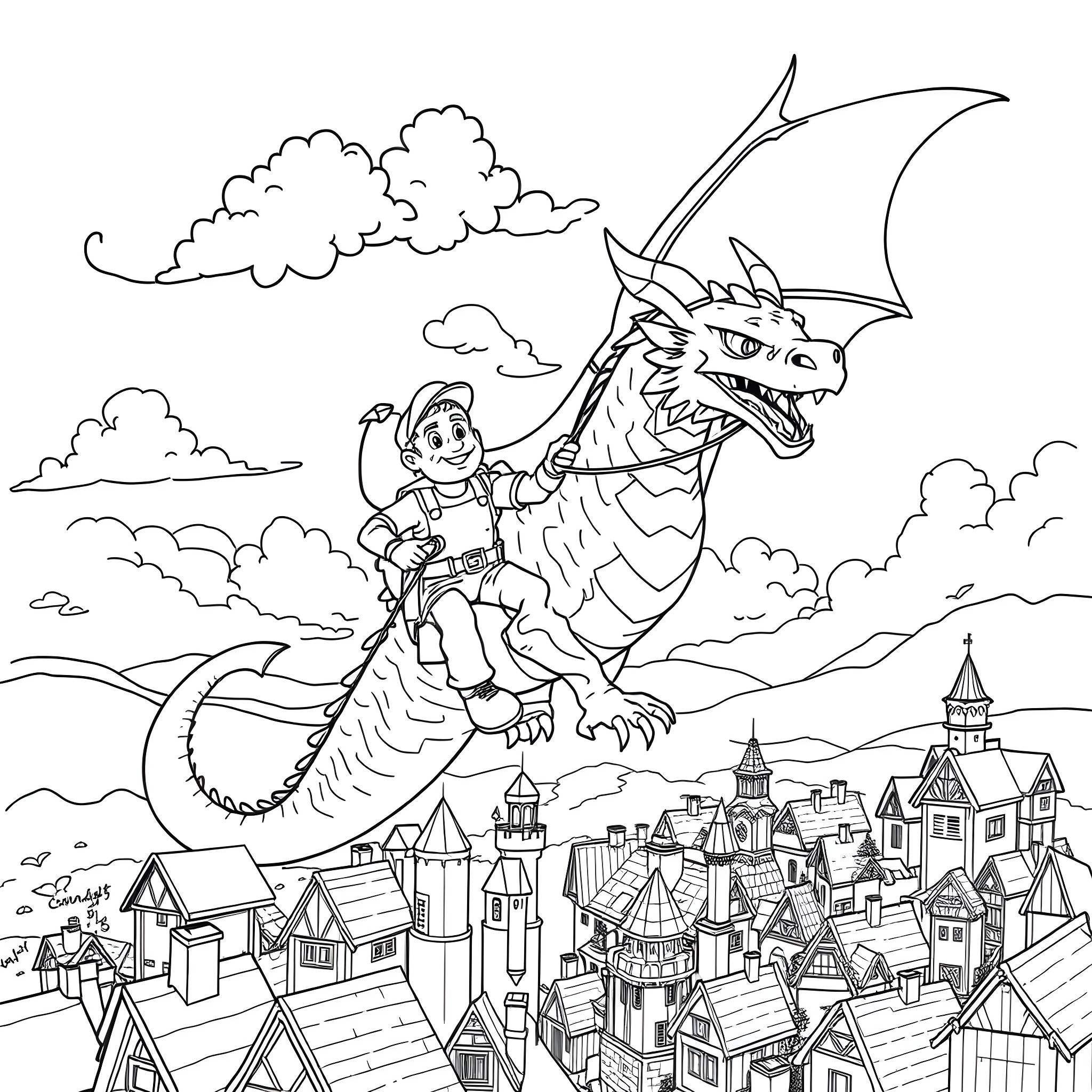 Plumber riding a dragon over a fantasy town Coloring Page (free black-and-white line drawing printable PDF for all, from beginners to advanced learners, including children, teens, adults, and seniors)