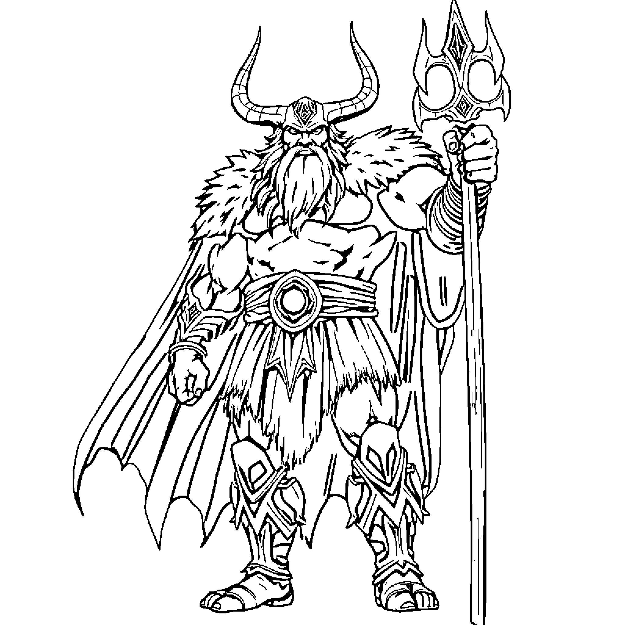 Votann warrior with fearsome appearance and wielding a spear Coloring Page (free black-and-white line drawing printable PDF for all, from beginners to advanced learners, including children, teens, adults, and seniors)