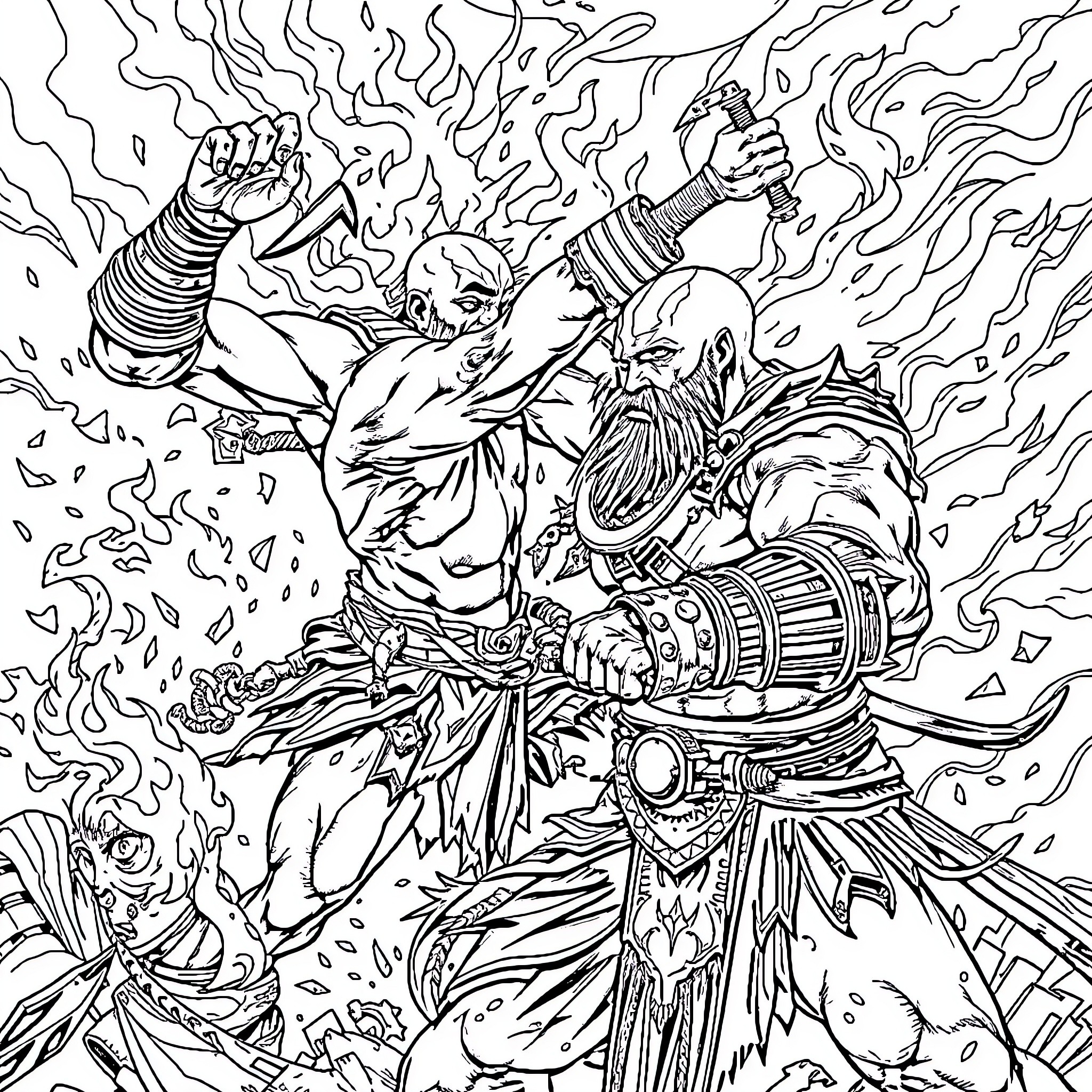 Kratos' Epic Battle Against the Fierce Foes Coloring Page (free black-and-white line drawing printable PDF for all, from beginners to advanced learners, including children, teens, adults, and seniors)