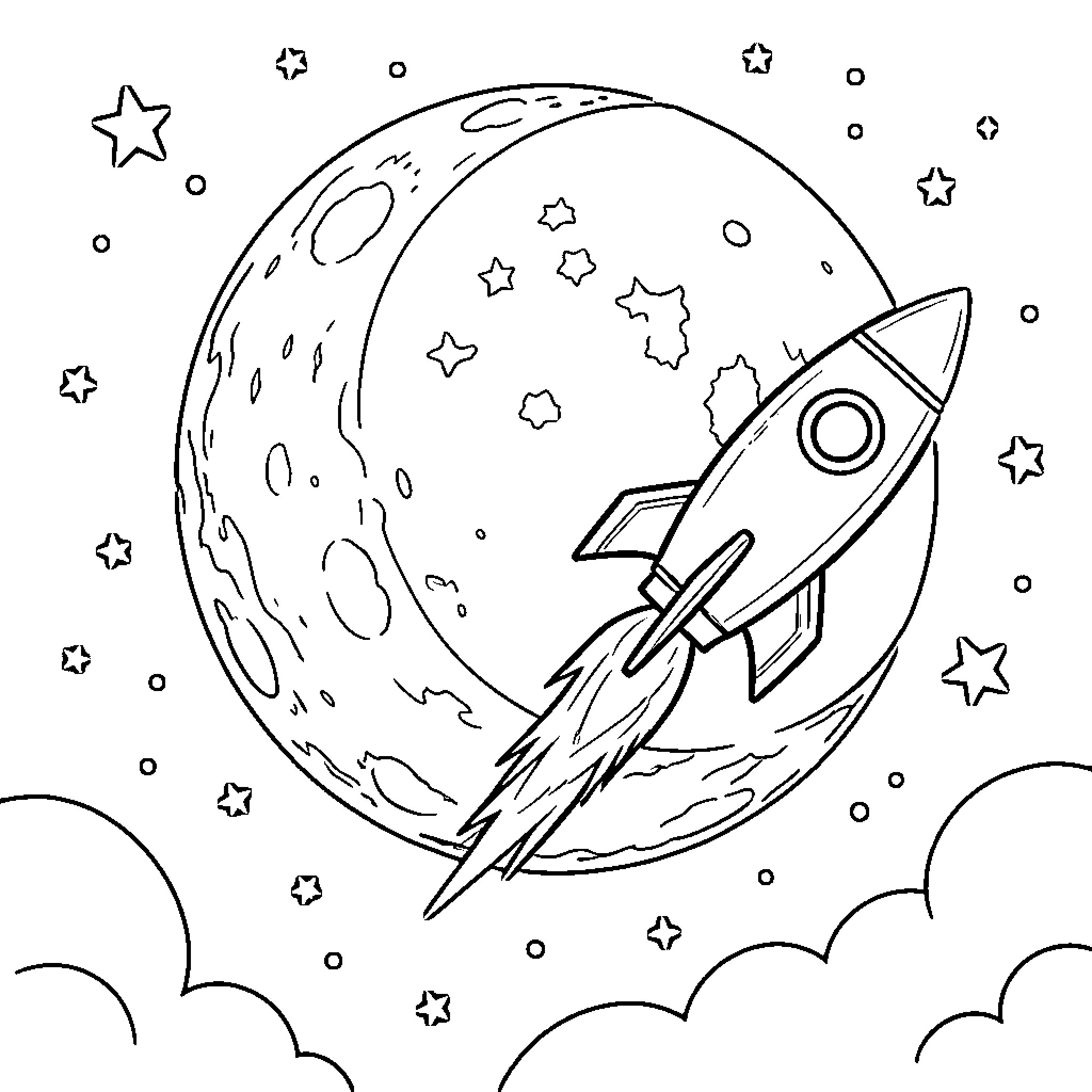 Moon with a rocket ship flying through space Coloring Page (free black-and-white line drawing printable PDF for all, from beginners to advanced learners, including children, teens, adults, and seniors)