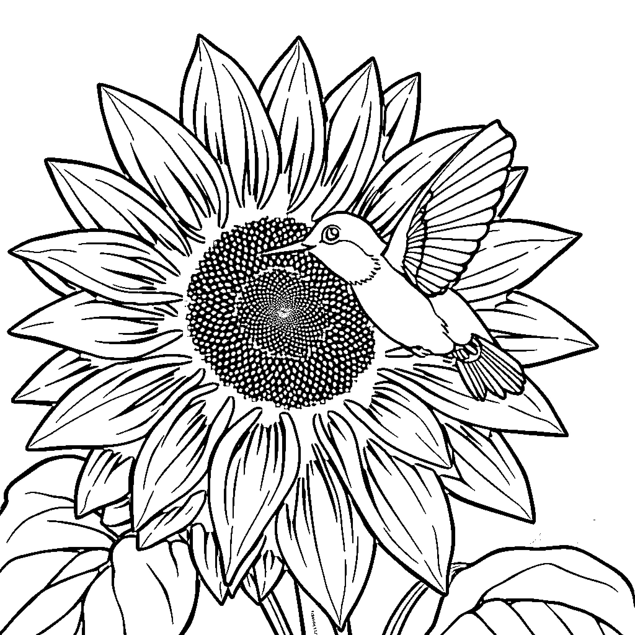 Hummingbird perched on a sunflower Coloring Page (free black-and-white line drawing printable PDF for all, from beginners to advanced learners, including children, teens, adults, and seniors)