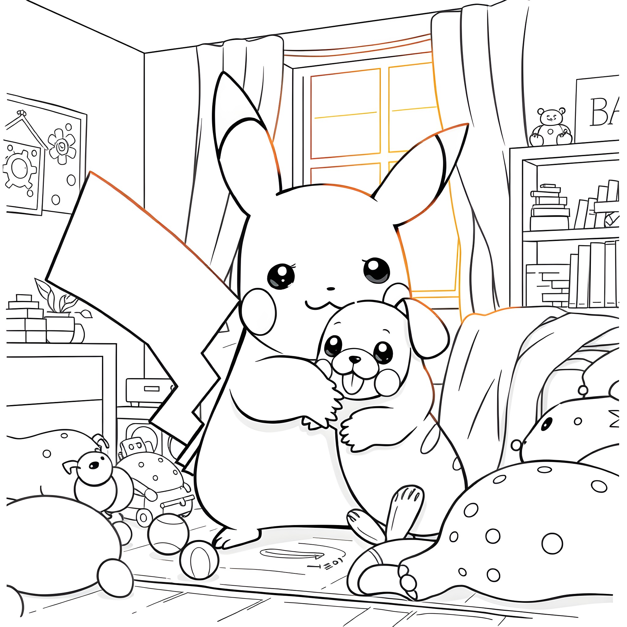 Pikachu playing with cute stuffed toys in a cozy room Coloring Page (free black-and-white line drawing printable PDF for all, from beginners to advanced learners, including children, teens, adults, and seniors)