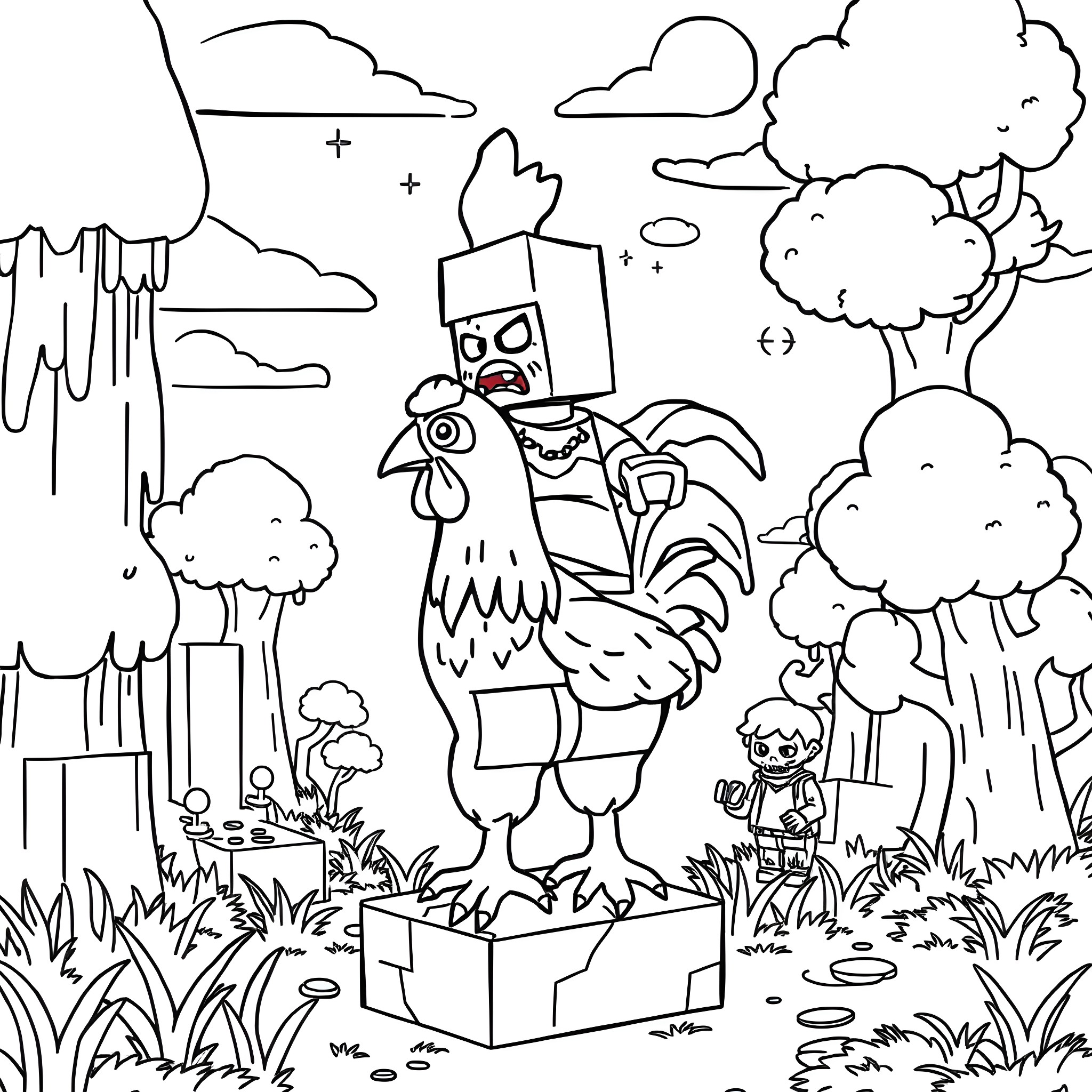 Chicken performing on a stage in the forest Coloring Page (free black-and-white line drawing printable PDF for all, from beginners to advanced learners, including children, teens, adults, and seniors)
