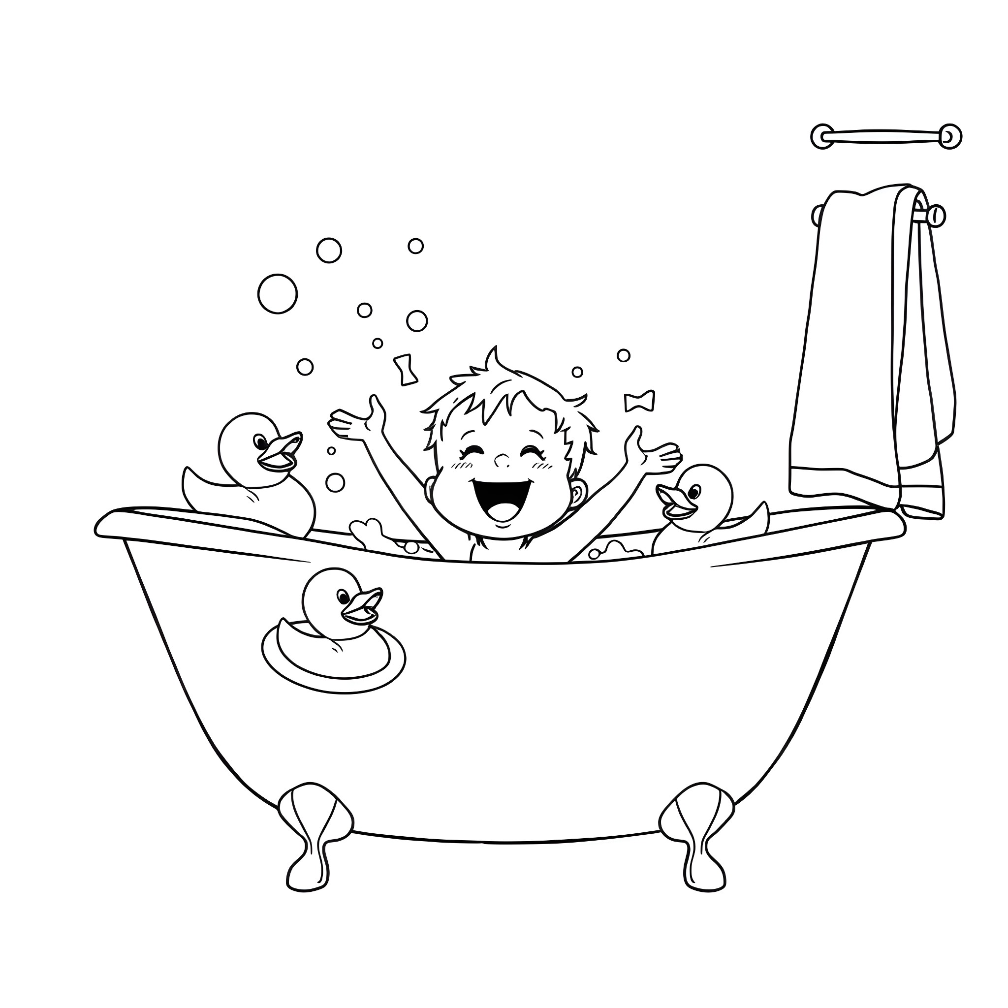 Child enjoying bath time with toys Coloring Page (free black-and-white line drawing printable PDF for all, from beginners to advanced learners, including children, teens, adults, and seniors)