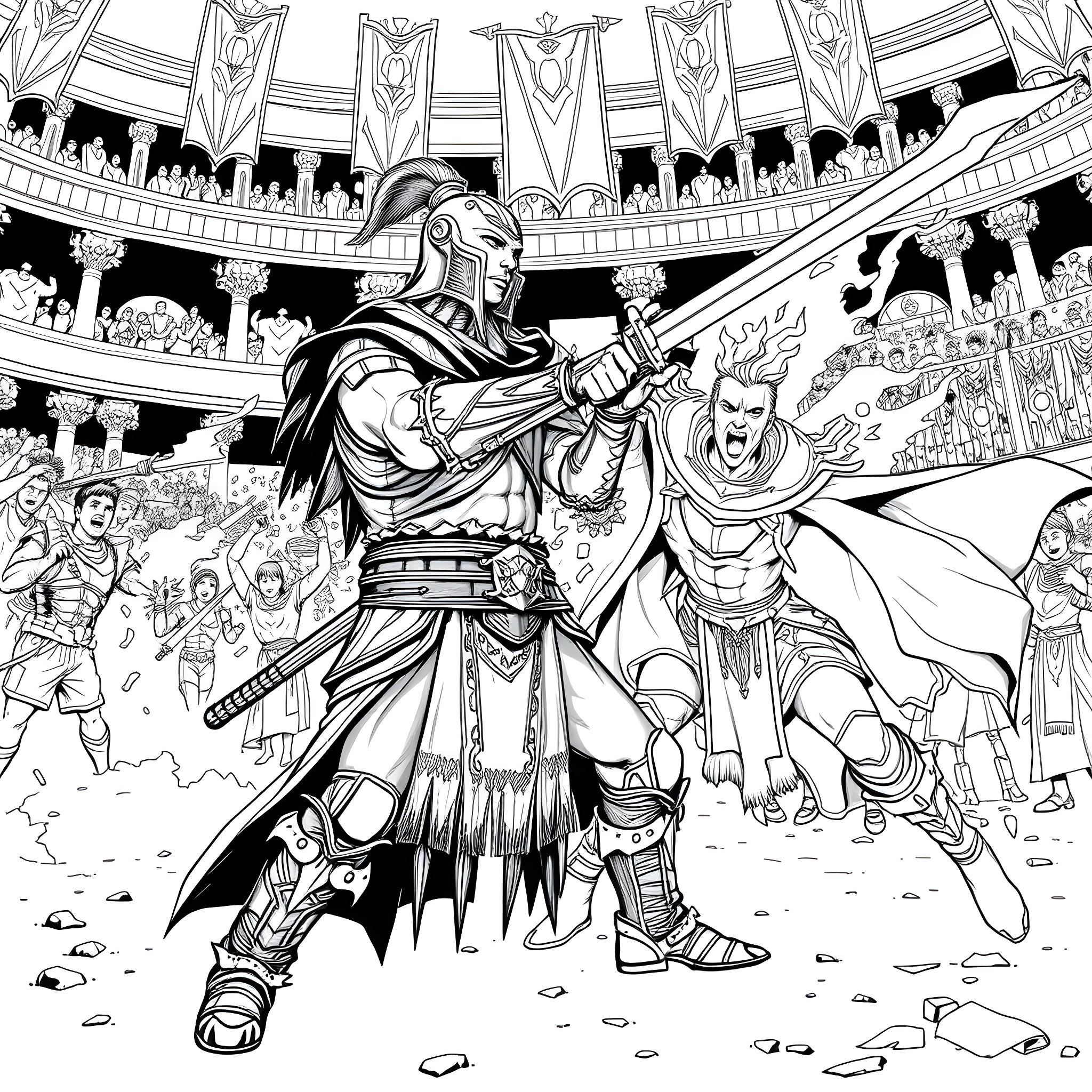 Kharn, the Mighty Warrior Battling in the Colosseum Coloring Page (free black-and-white line drawing printable PDF for all, from beginners to advanced learners, including children, teens, adults, and seniors)