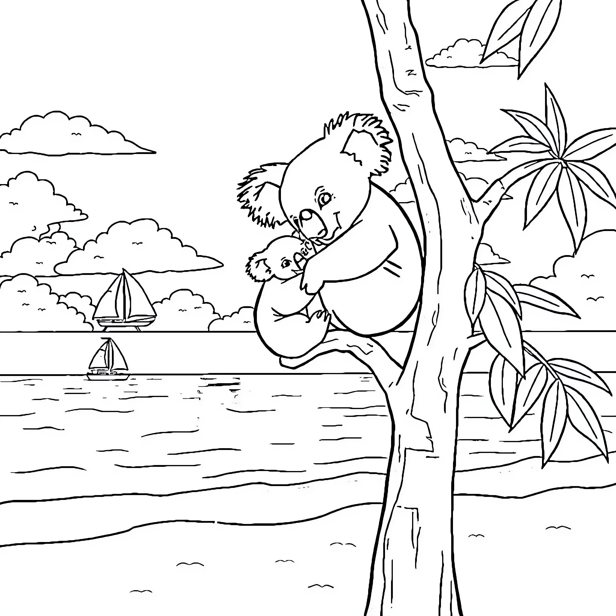 Koala resting peacefully in a tree by the ocean Coloring Page (free black-and-white line drawing printable PDF for all, from beginners to advanced learners, including children, teens, adults, and seniors)