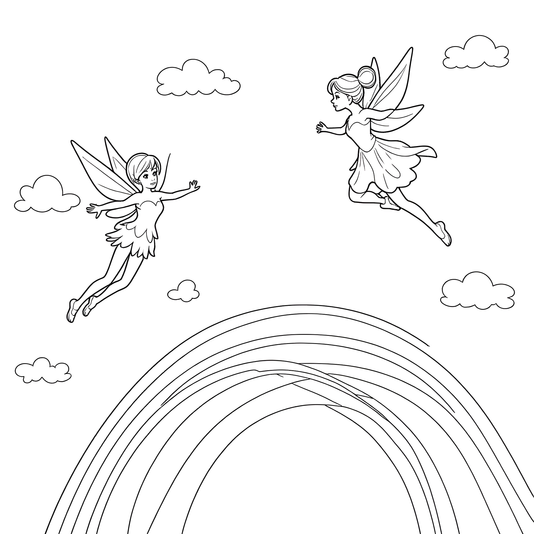 Fairy Sprites Dancing in the Clouds Coloring Page (free black-and-white line drawing printable PDF for all, from beginners to advanced learners, including children, teens, adults, and seniors)