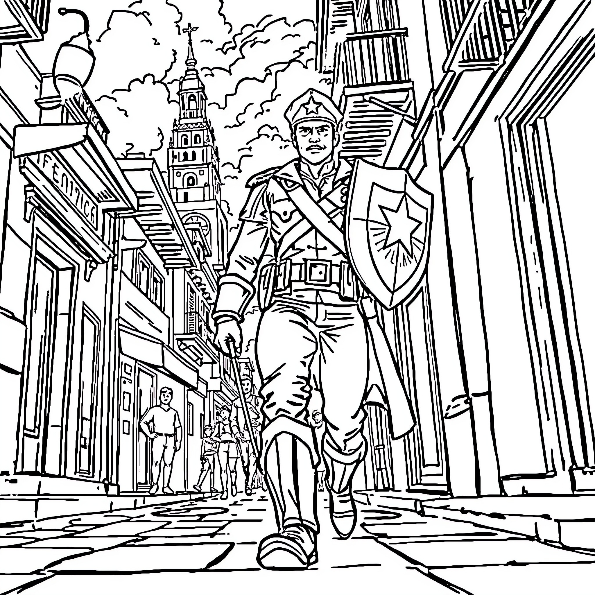 Captain America Heroically Traversing City Streets Coloring Page (free black-and-white line drawing printable PDF for all, from beginners to advanced learners, including children, teens, adults, and seniors)