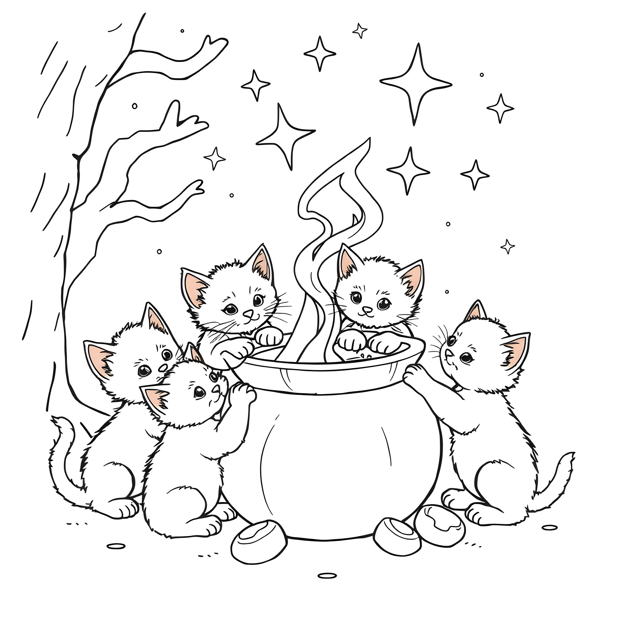 Kittens playing in a magical cauldron Coloring Page (free black-and-white line drawing printable PDF for all, from beginners to advanced learners, including children, teens, adults, and seniors)